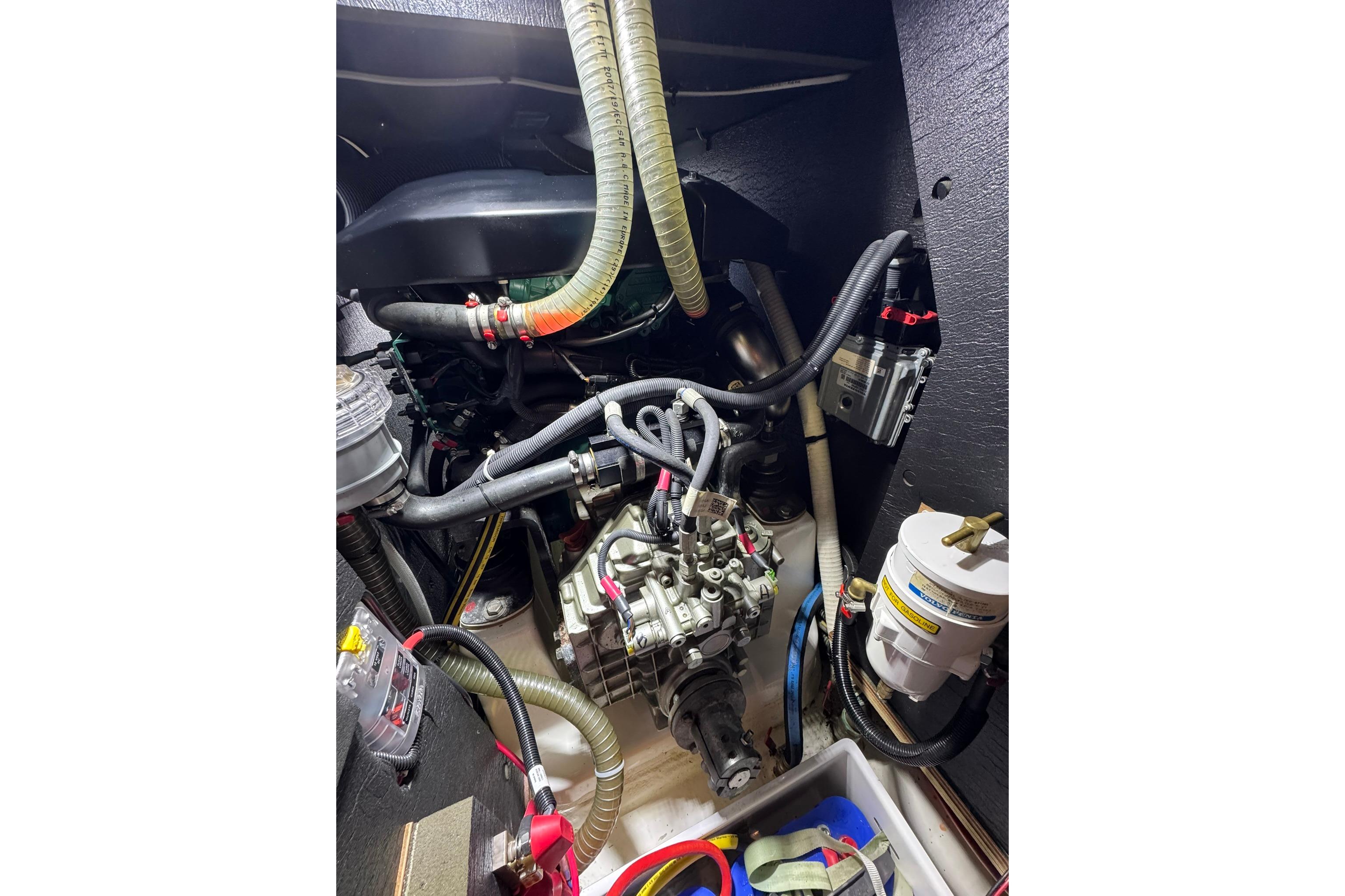 Engine compartment of 2016 Dufour 512 Grand Large sailboat, showcasing mechanical components.