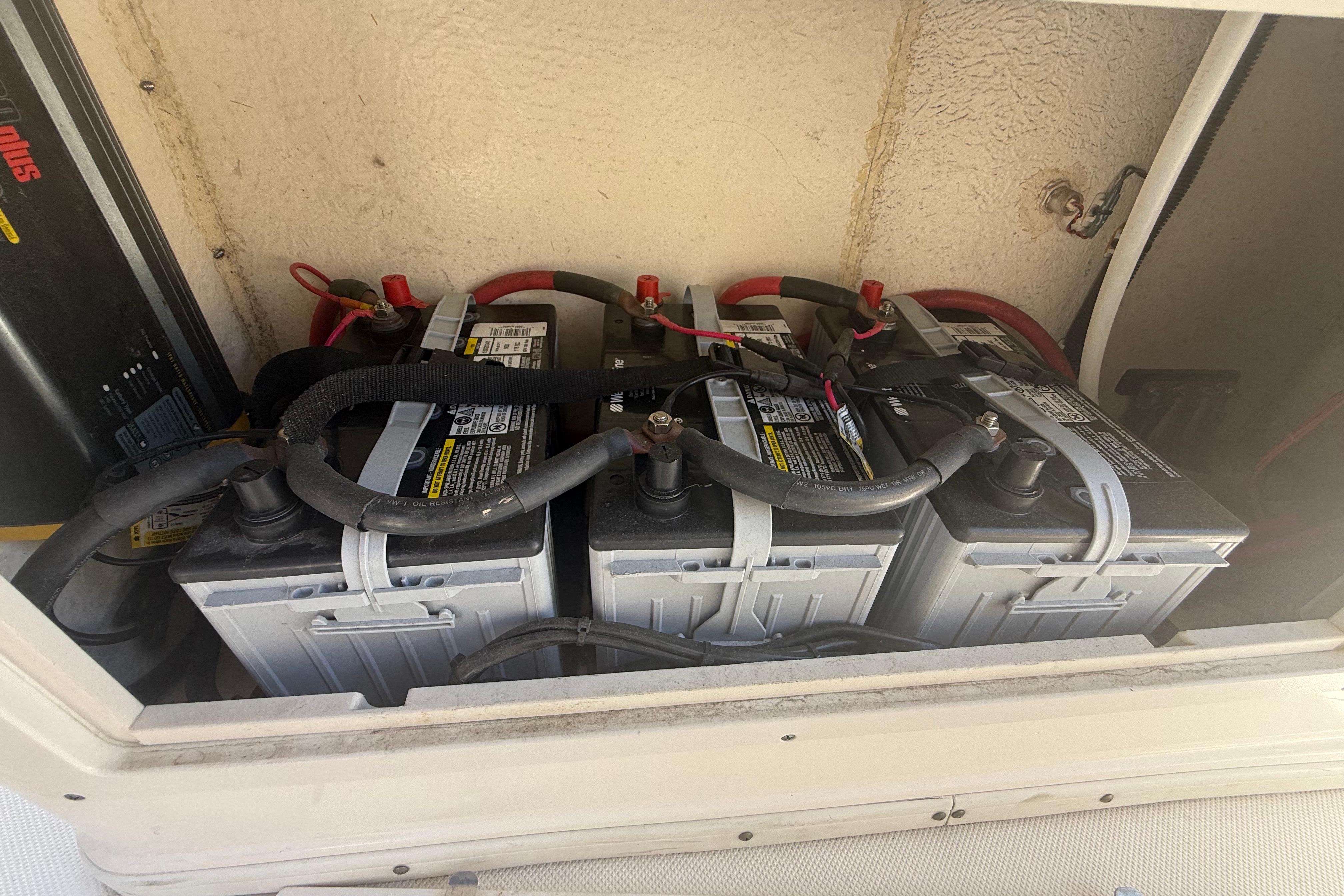 Batteries in a 2019 Key West Billistic 281 Center Console boat compartment.