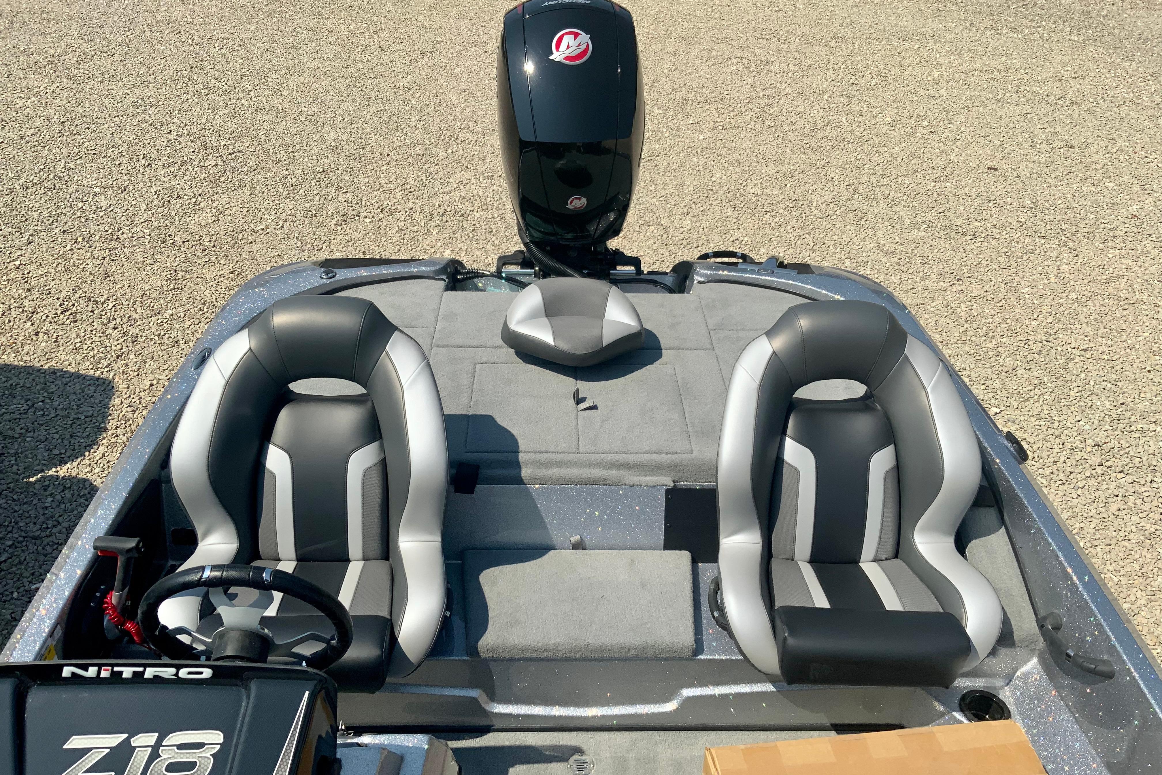 2026 Nitro Z18 Pro boat interior with dual seats and steering wheel.