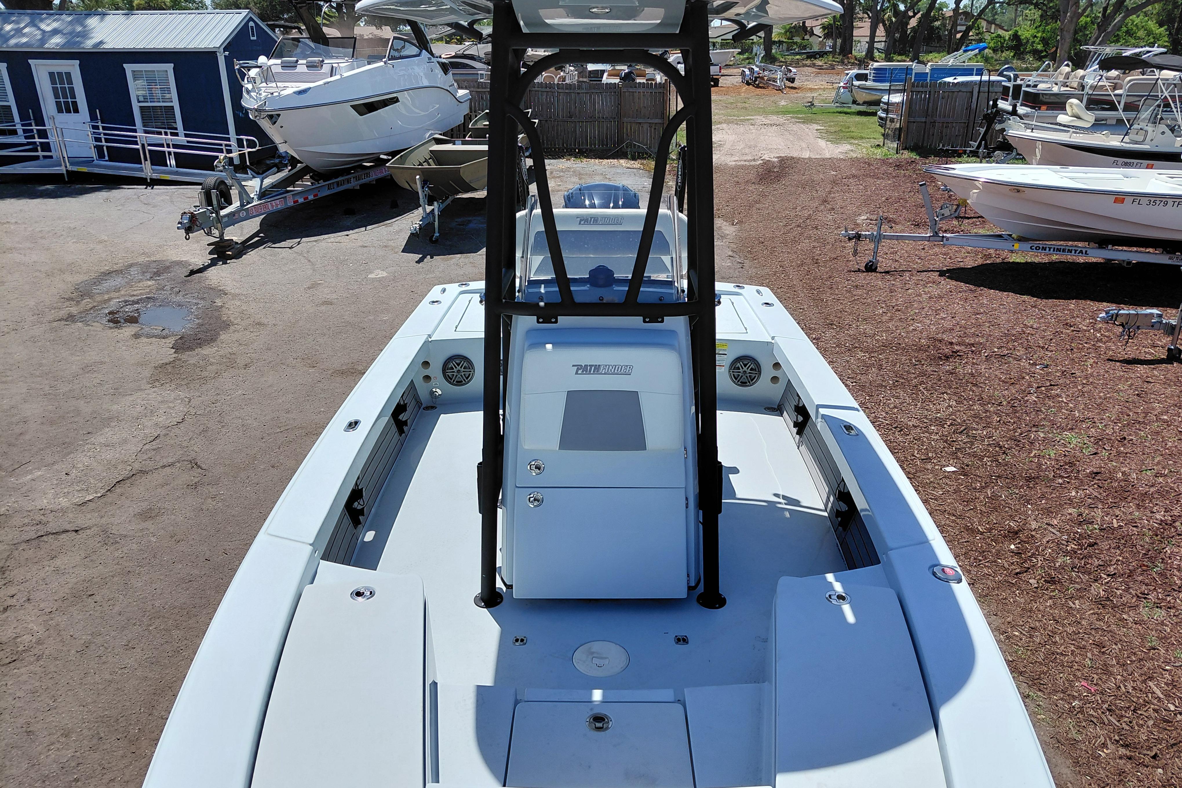 2022 Pathfinder 2300 HPS boat, top view, parked outdoors with other boats nearby.