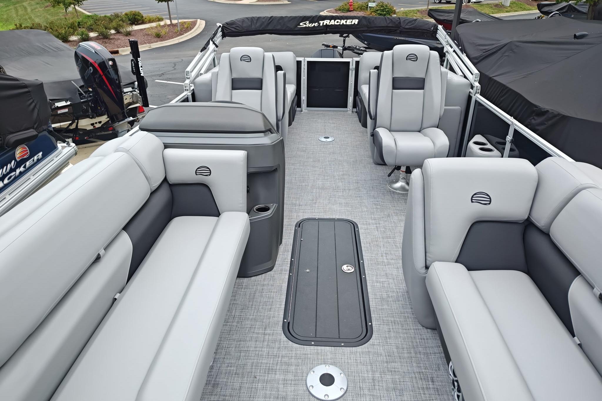 2026 Sun Tracker Party Barge 22 XP3 interior with spacious seating and modern design.