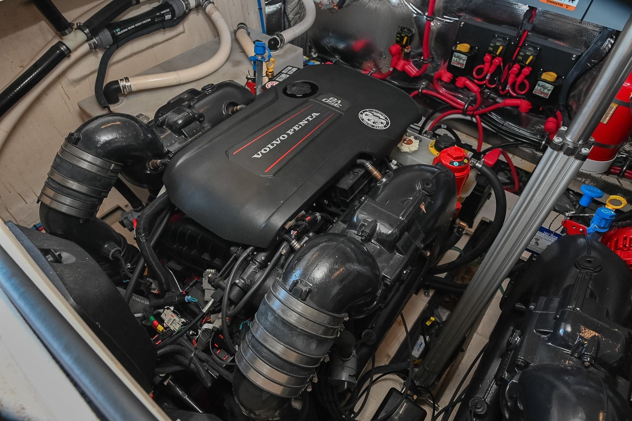 Engine compartment of a 2021 Regal 33 Express boat with Volvo Penta engine.