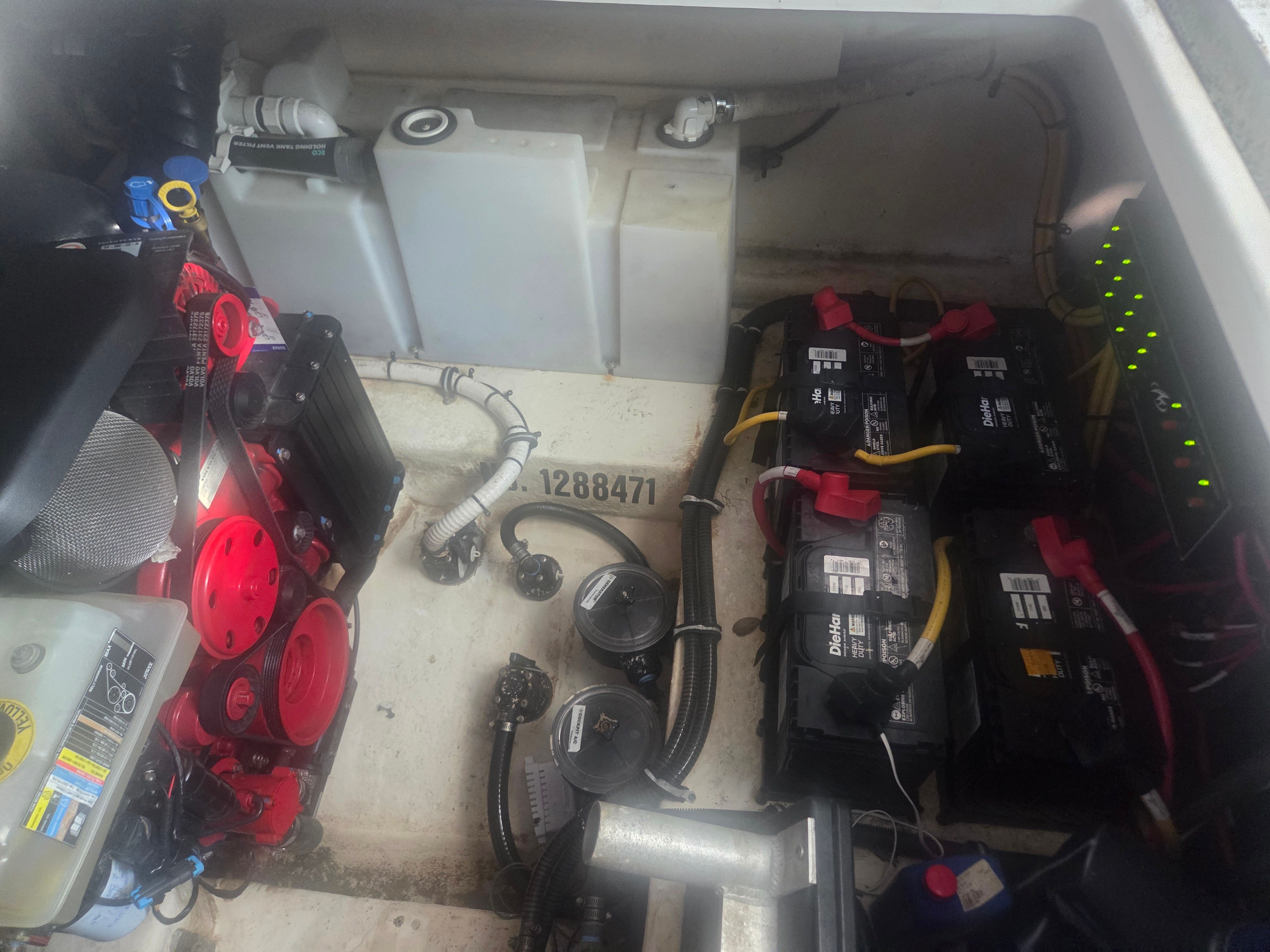 Engine compartment of a 2019 Monterey 360SC with batteries and engine.