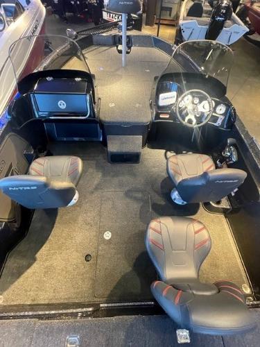 2025 Nitro ZV19 boat interior with four seats and modern dashboard.