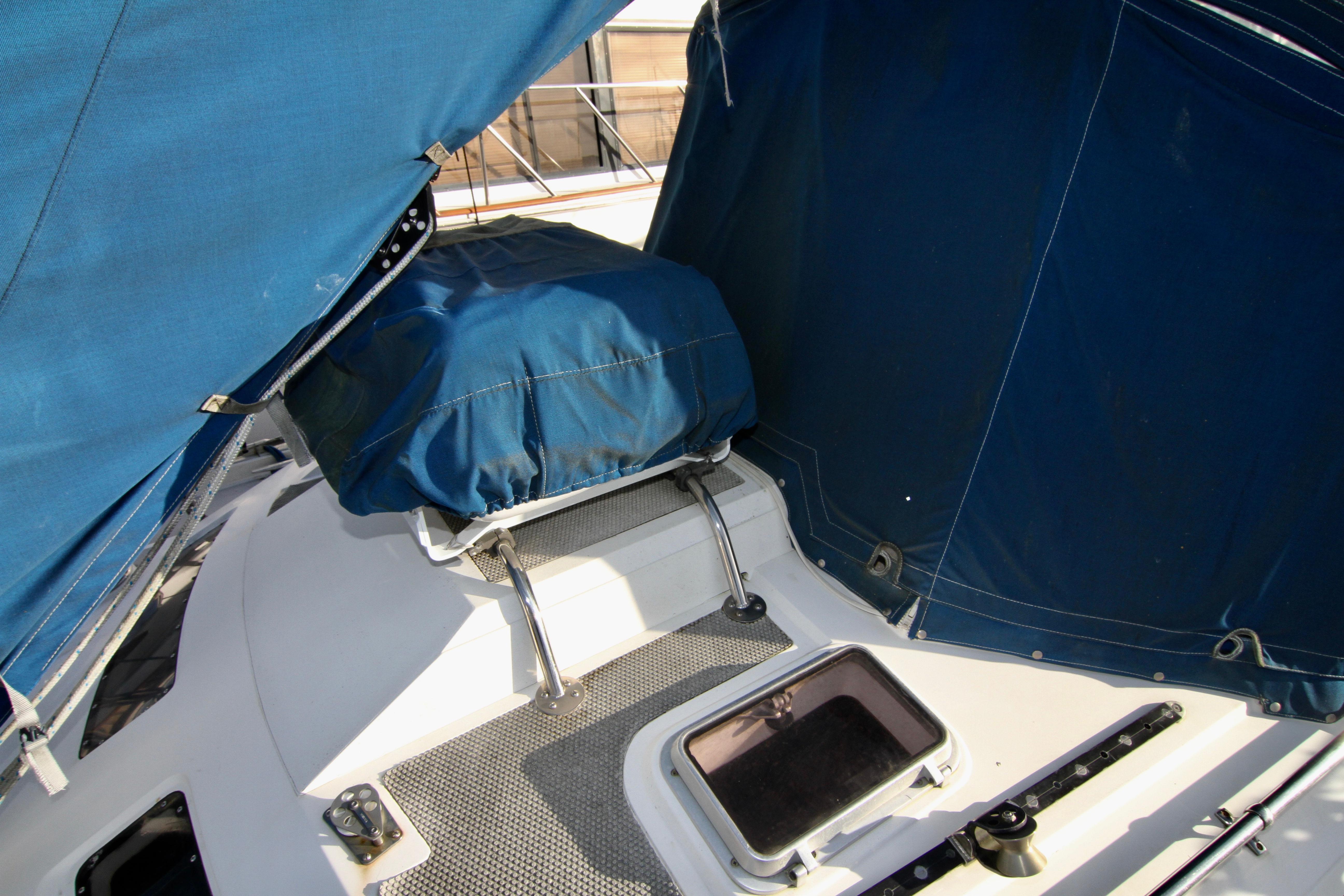 Norseman 447 sailboat cockpit with blue cover, year 1985.