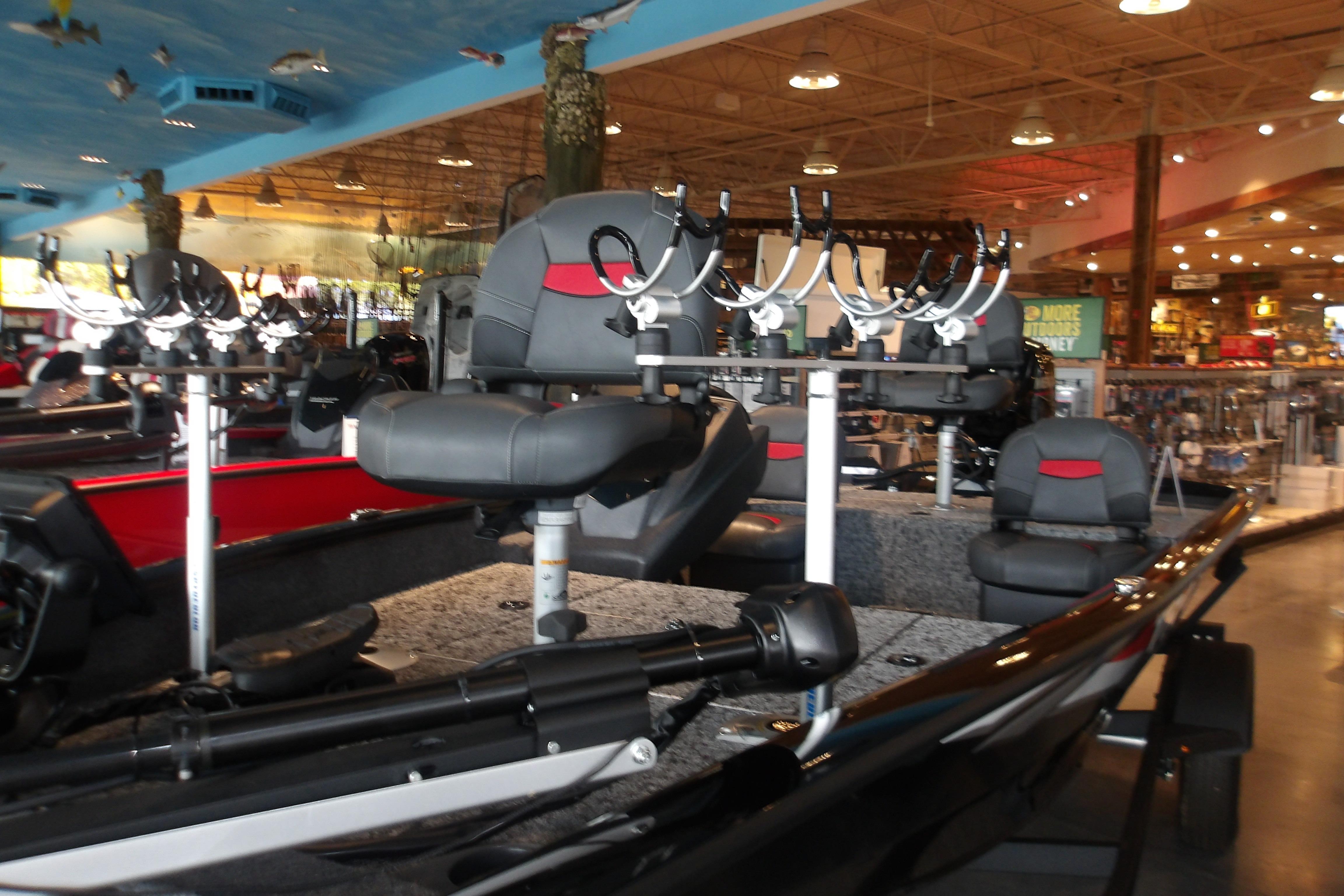 2026 Tracker Pro Team 175 Crappie Edition boat displayed in a showroom.