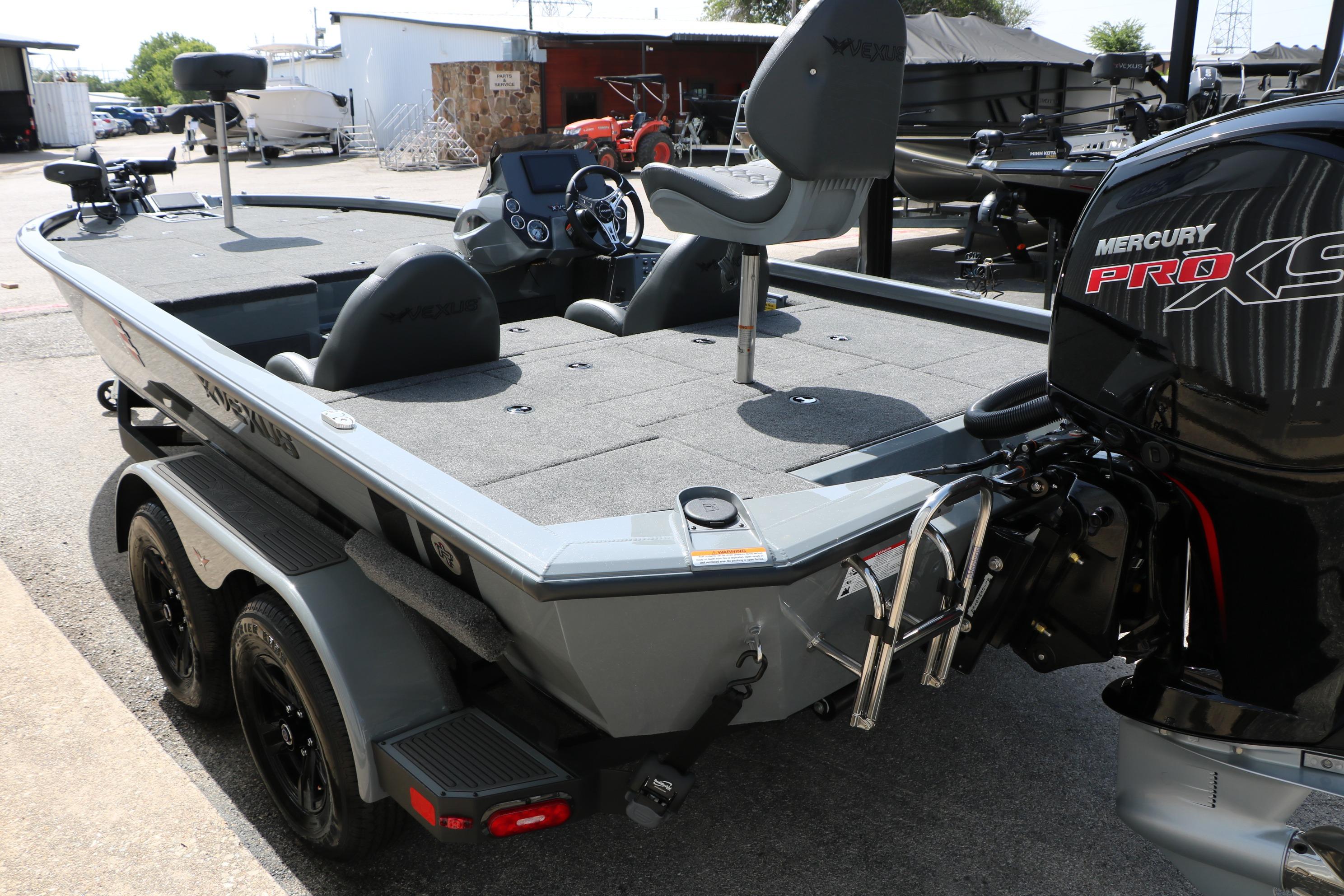 2026 Vexus AVX1980 boat with Mercury Pro XS engine, parked on a trailer.
