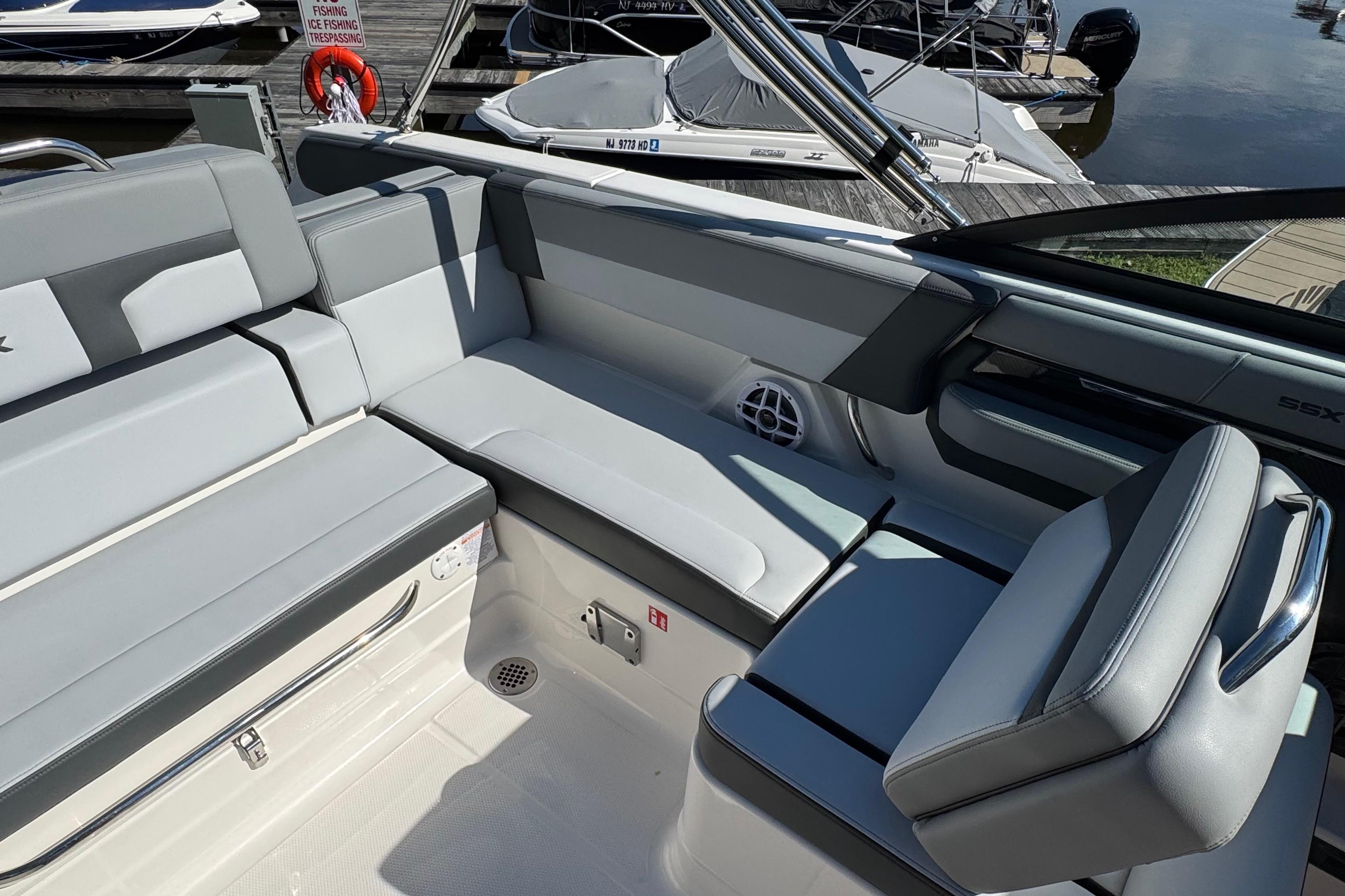 2026 Chaparral SSX 4 boat interior with sleek gray seating and modern design.