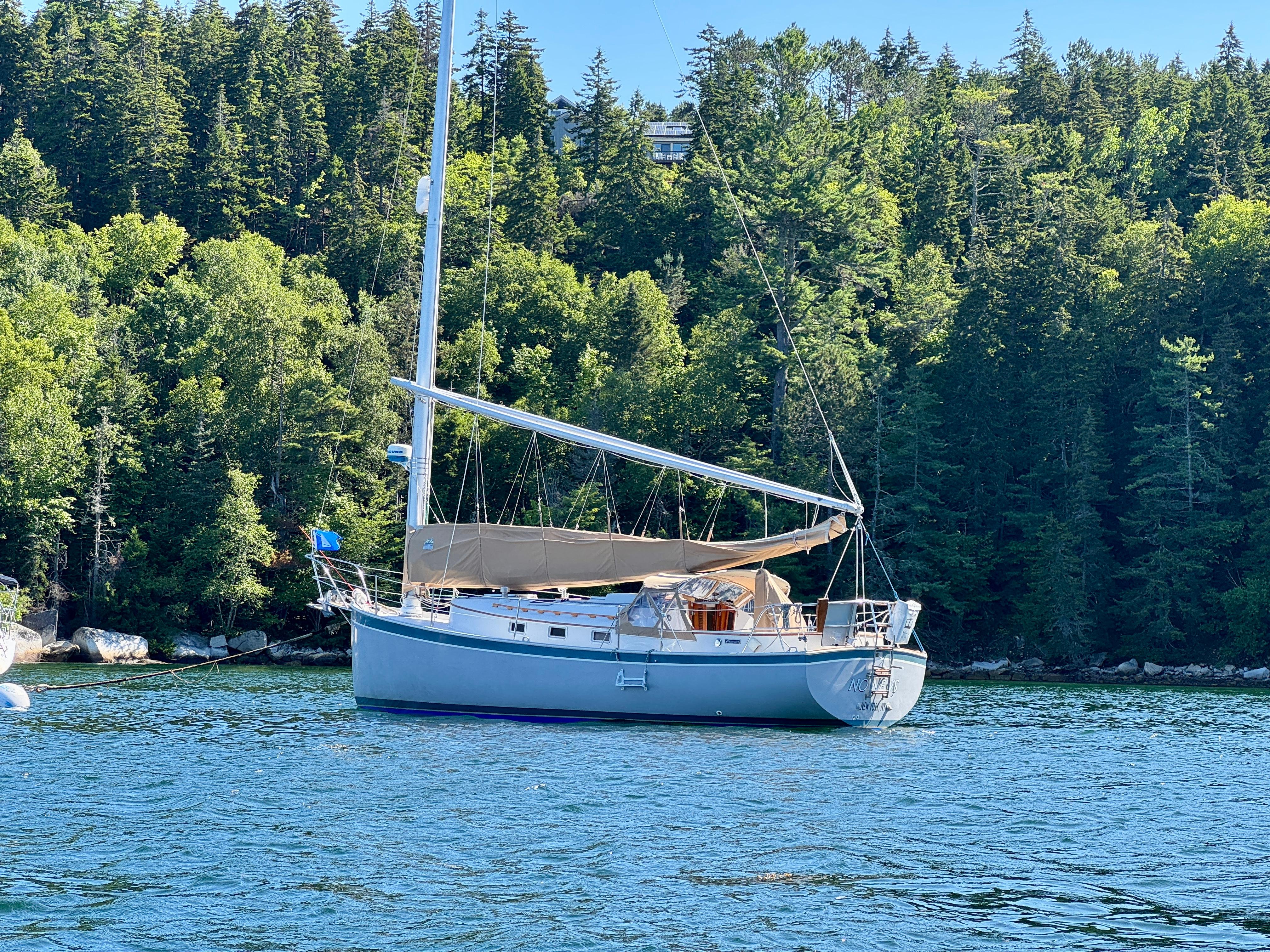 Sailboat Nonsuch 30 Ultra, 1989 model, anchored near lush forested shoreline.