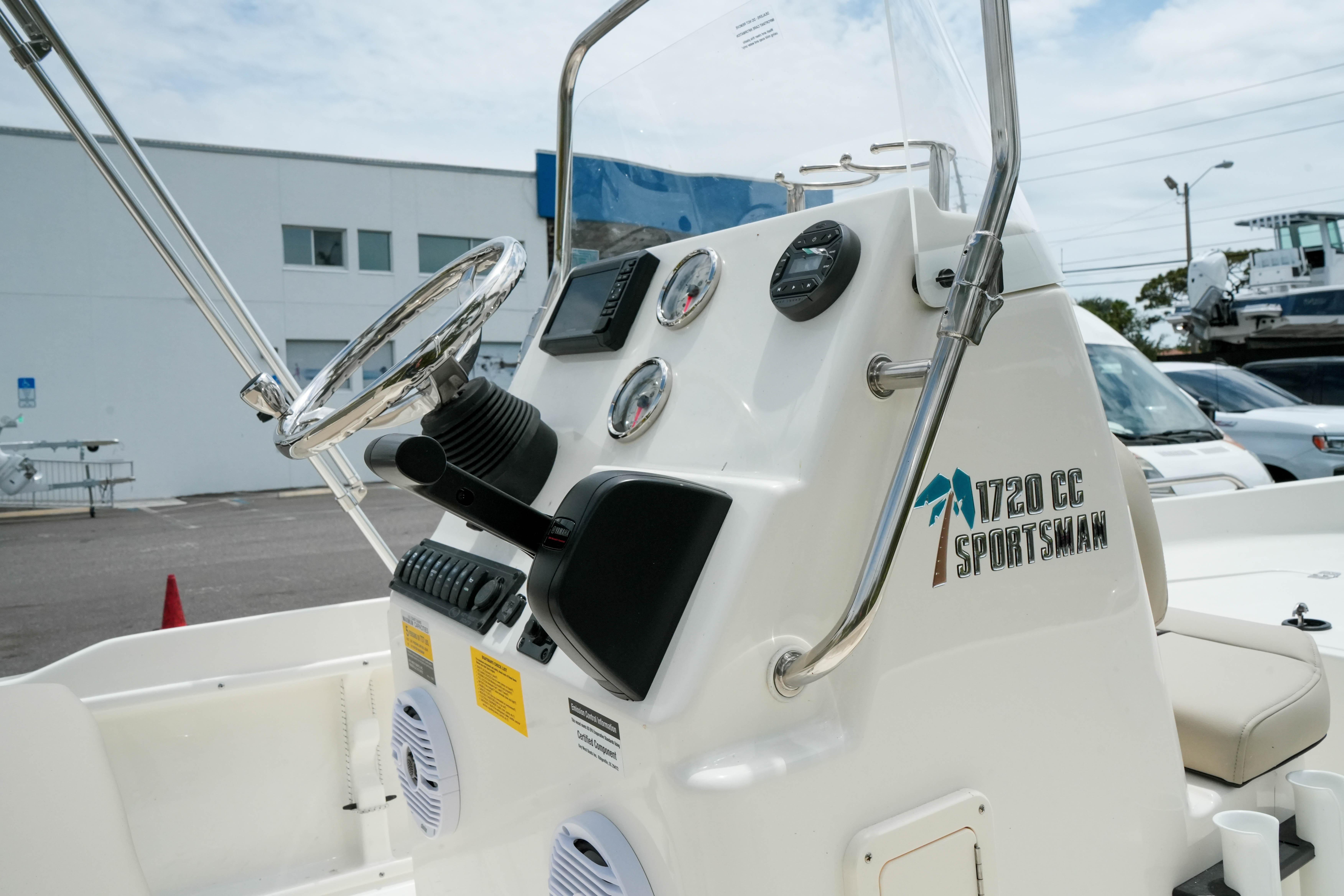 2026 Key West 1720 Center Console boat dashboard with steering wheel and controls.