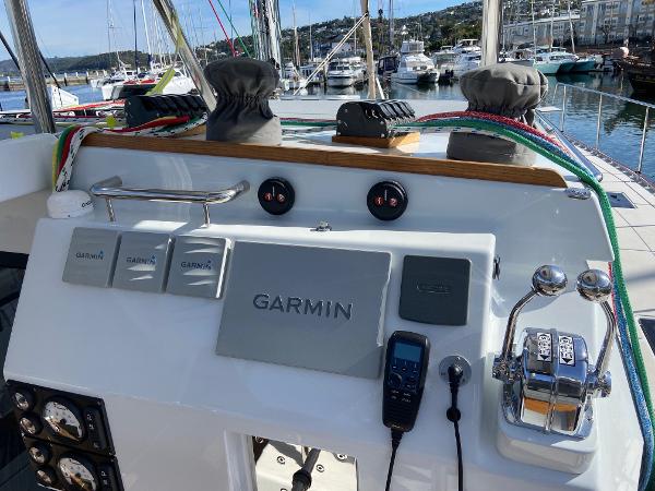 Control panel of Vision 444 yacht, 2025 model, featuring Garmin navigation equipment.