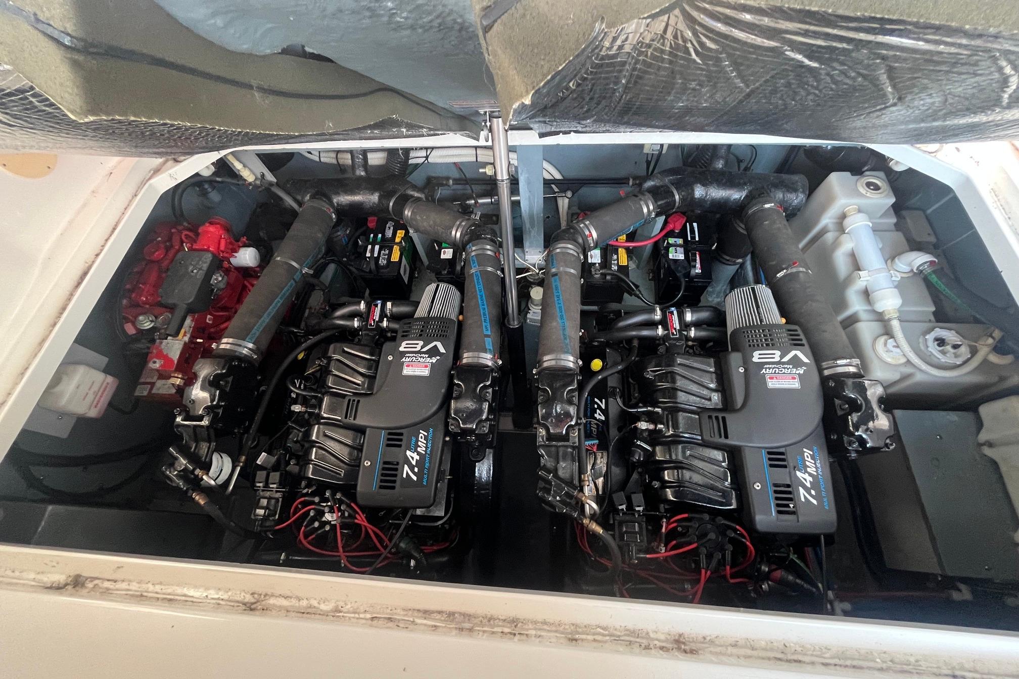 Engine compartment of a 2001 Sea Ray 340 Sundancer with twin 8A engines.