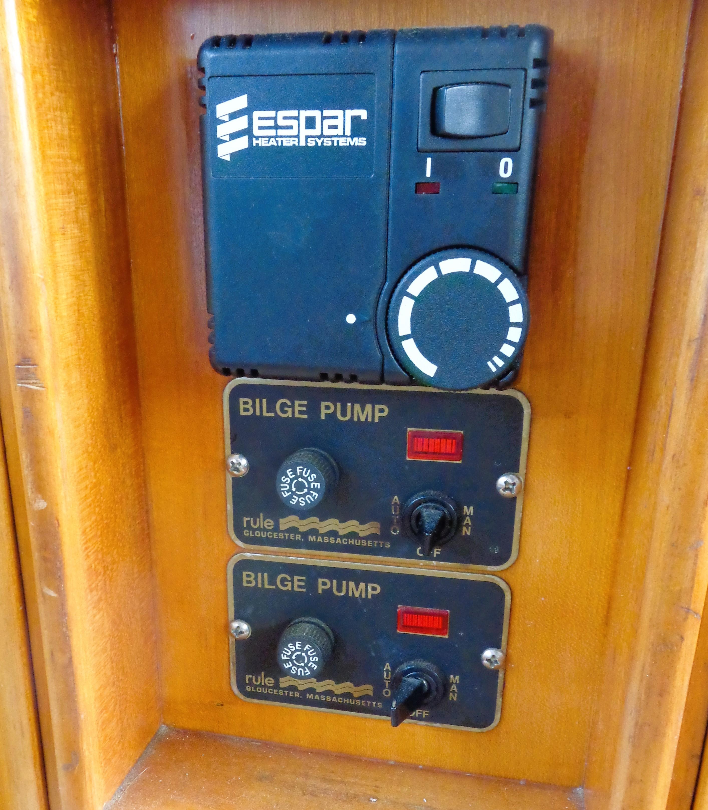 Espar heater system and bilge pump controls on 1990 Pettegrow 36 Flybridge.