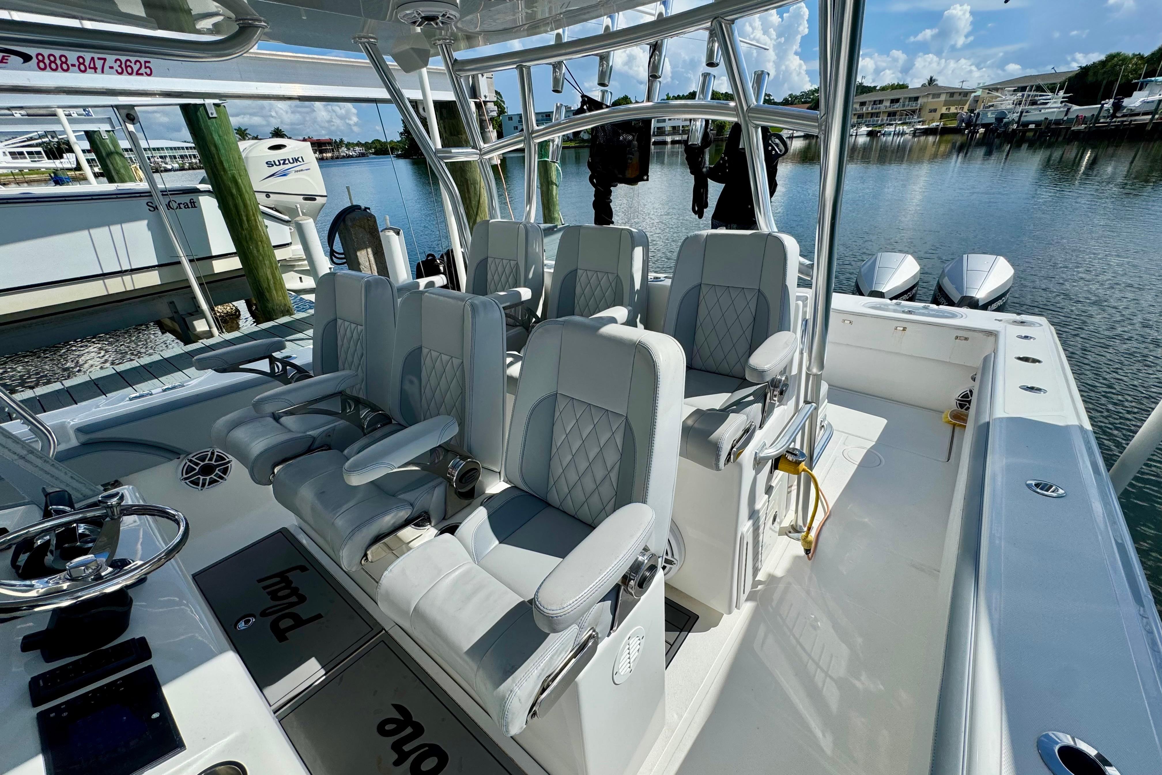 2021 SeaHunter 41 CTS boat interior with luxurious seating and modern design.