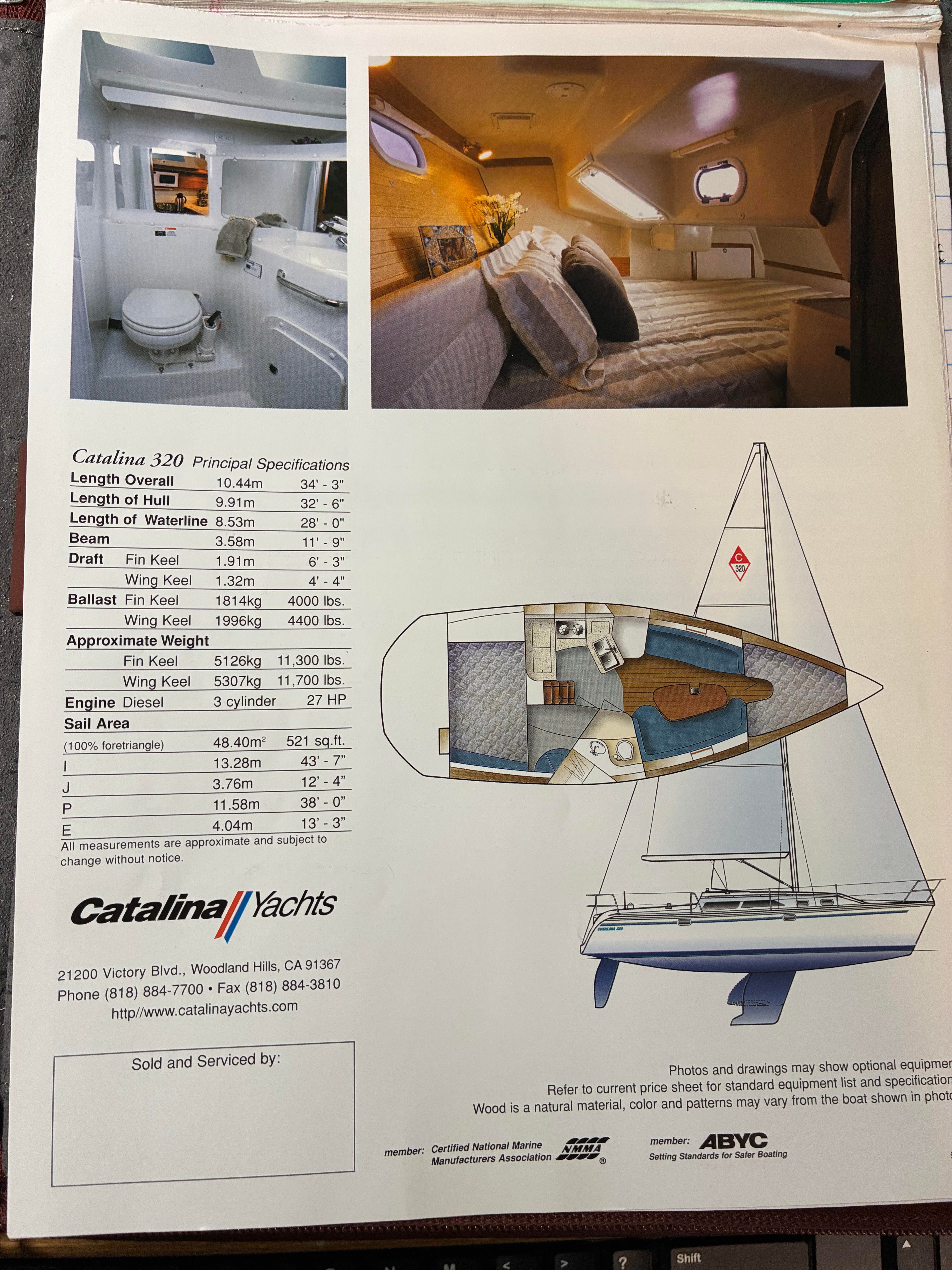 Catalog page of Catalina 320 sailboat with interior views and specifications.