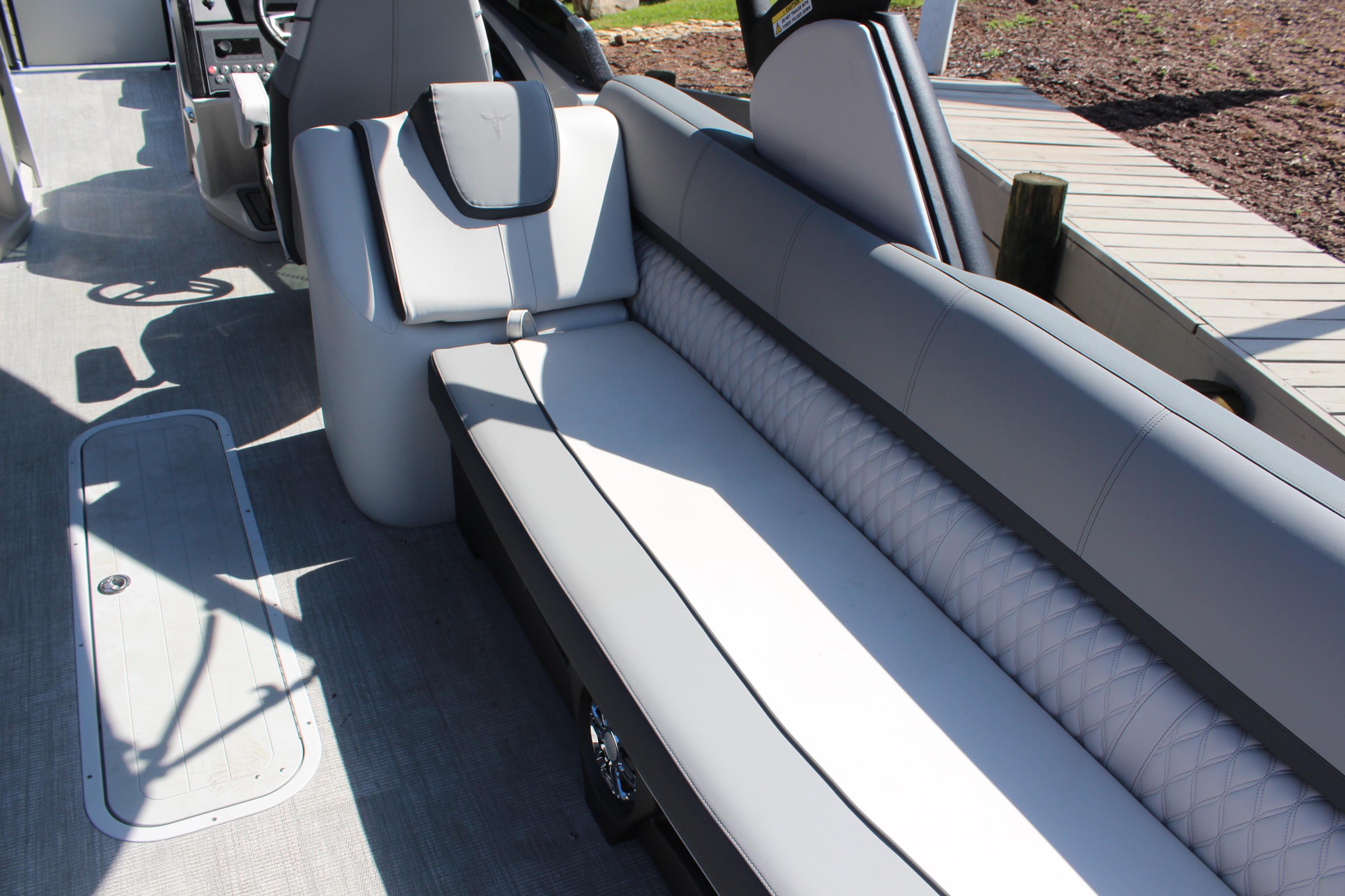 2025 Tahoe Pontoon Cascade Quad Lounge Windshield interior with luxurious seating and modern design.