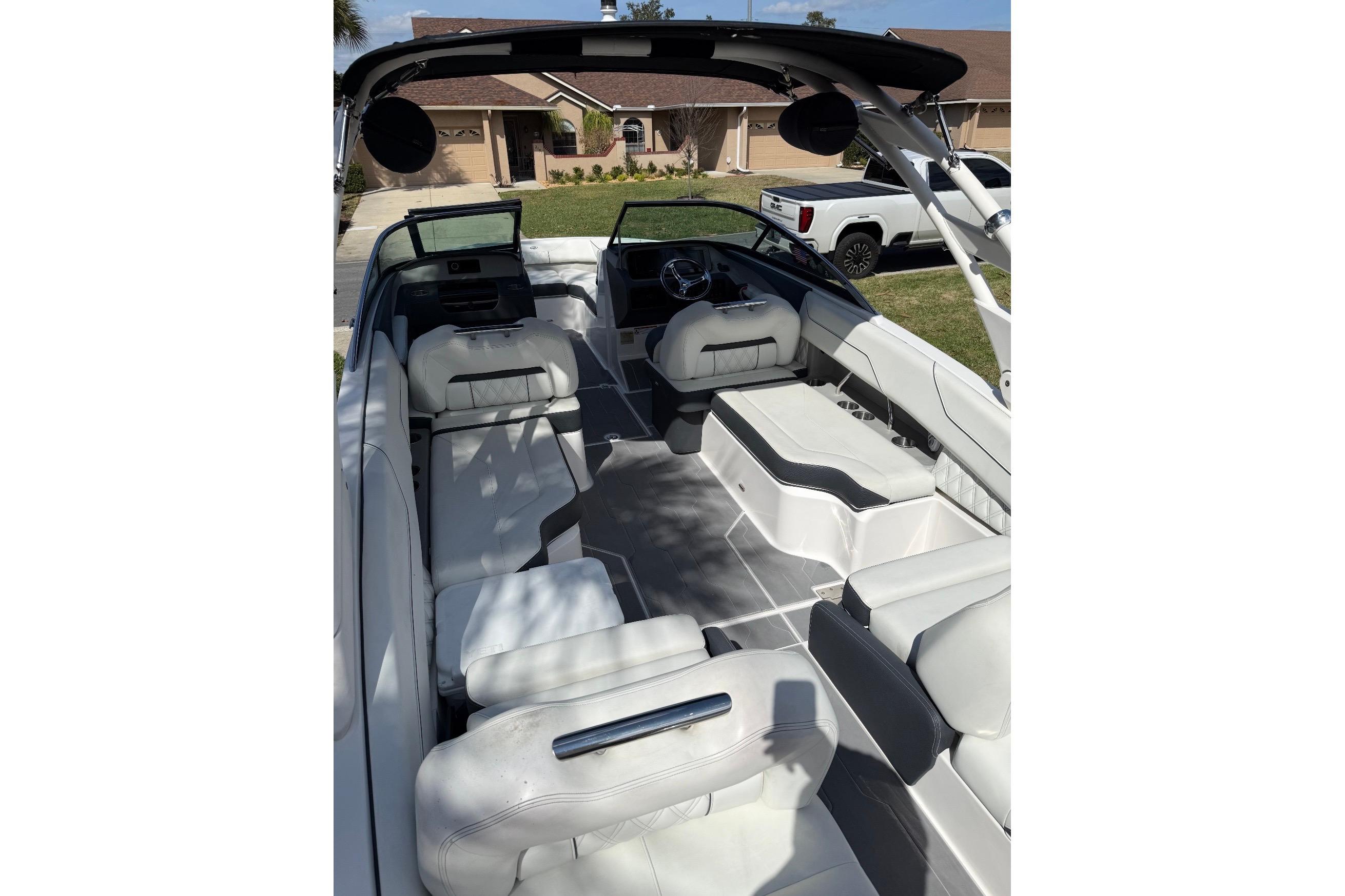 2020 Regal LX4 boat interior with white seating and modern design.