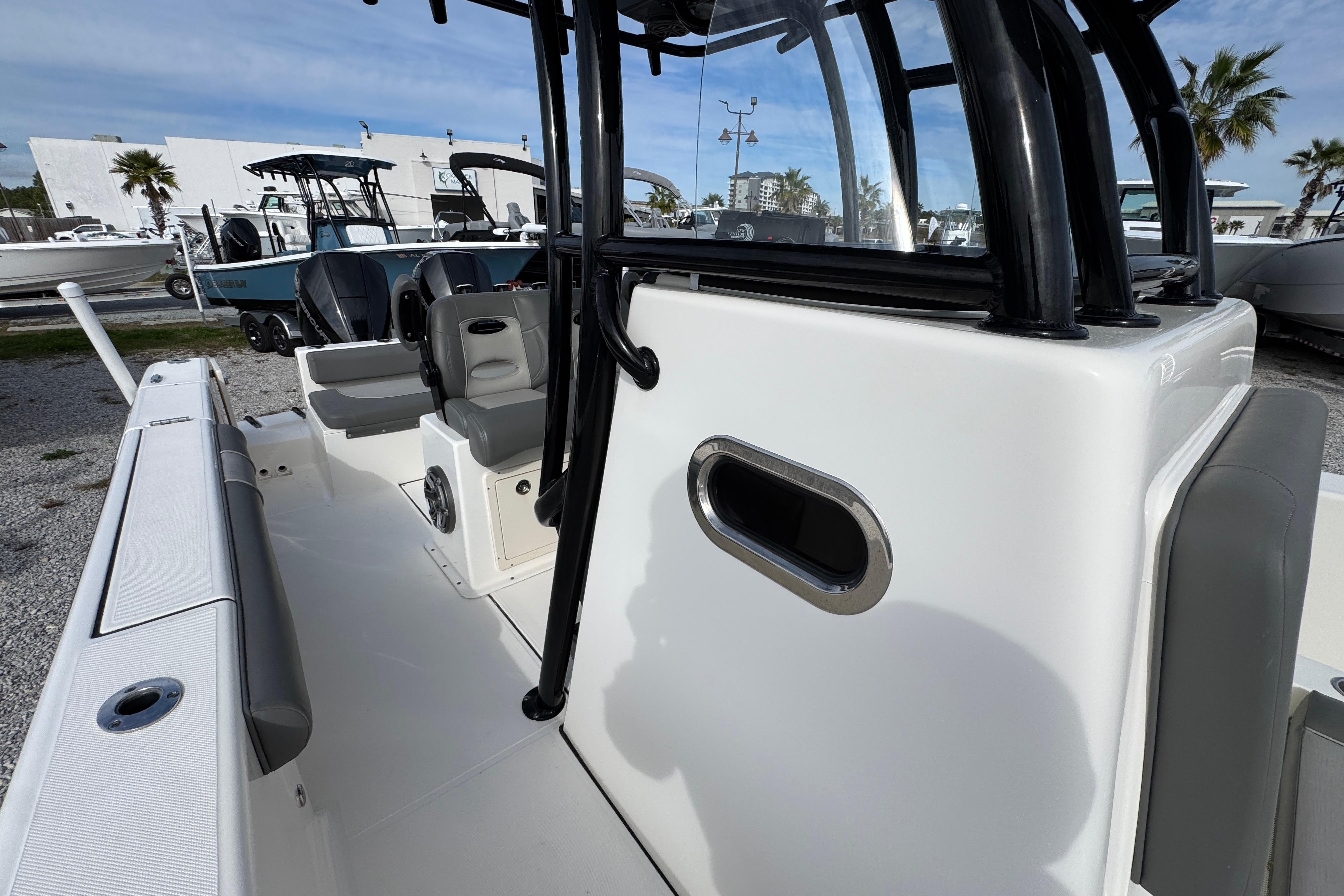 2021 Sea Born LX26 Center Console boat interior with seating and console details.