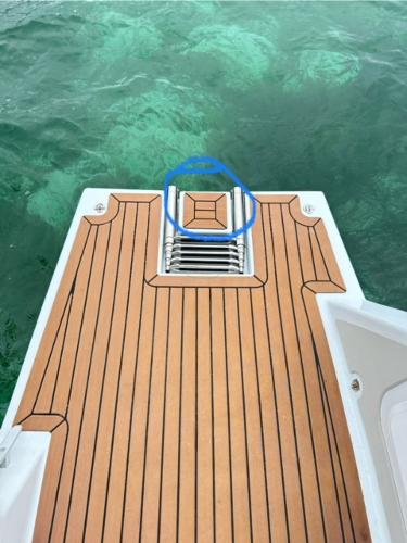 Vision 444 2025 boat deck with wooden finish and ladder, overlooking clear water.