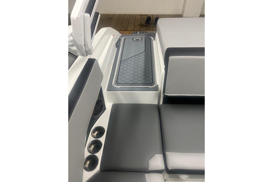 2025 Cobalt CS23 Surf boat interior with sleek seating and cup holders.