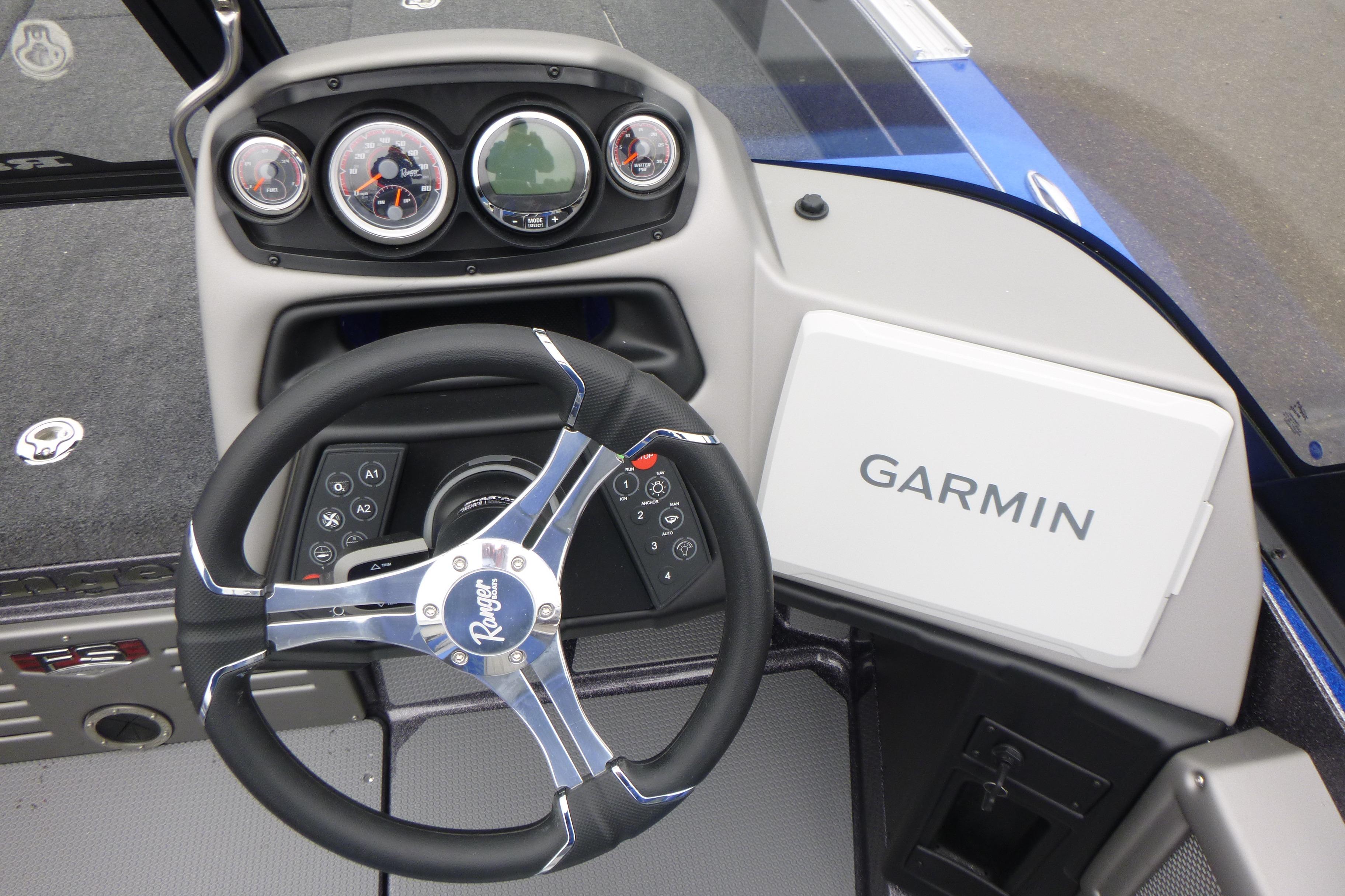 2026 Ranger 620FS Cup Equipped boat dashboard with Garmin navigation system.