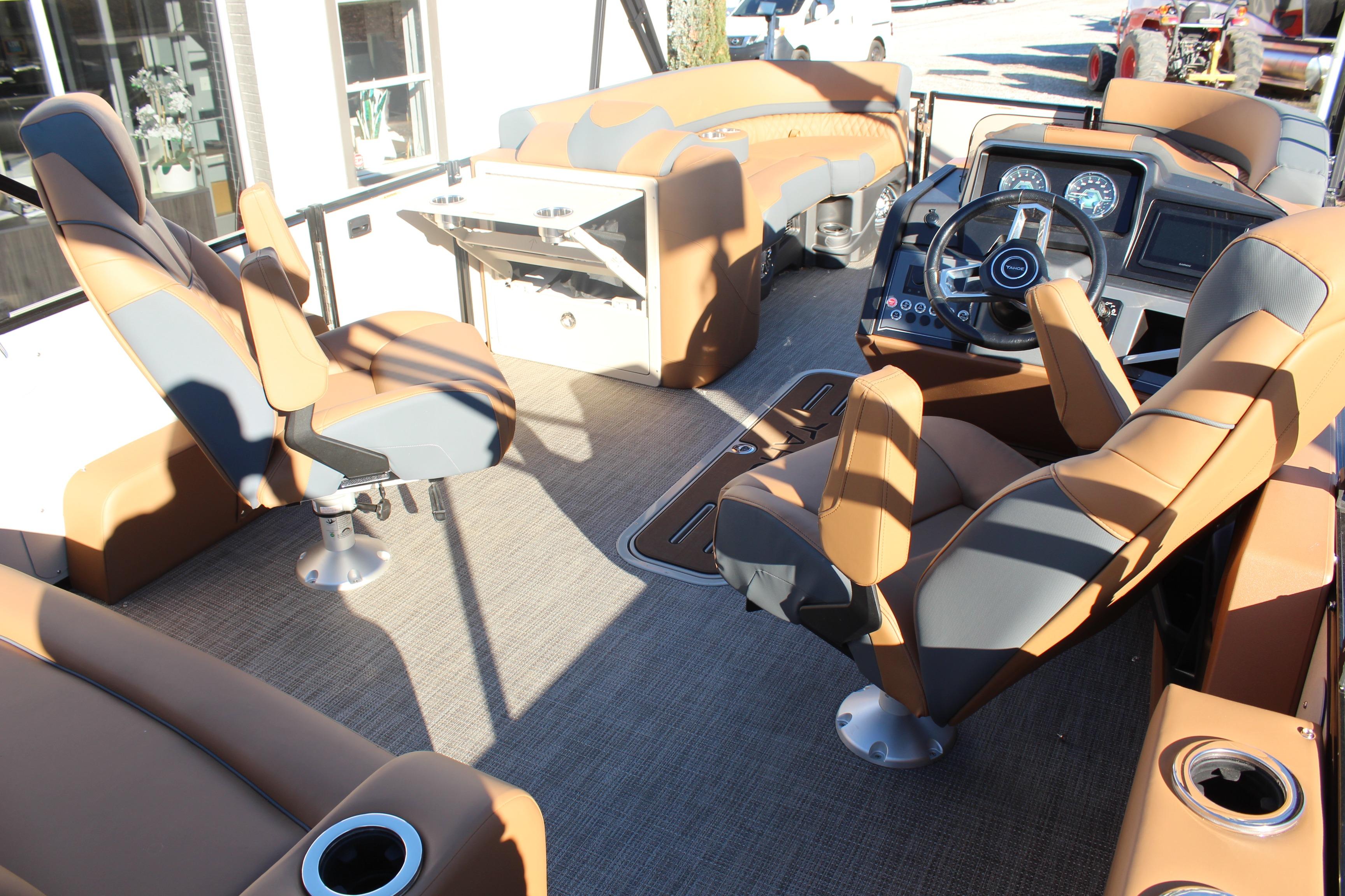 2026 Tahoe Pontoon Cascade Versatile Rear Bench interior with luxurious seating and modern dashboard.