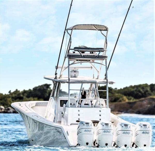 2020 Front Runner 39 Center Console boat with four powerful engines on the water.