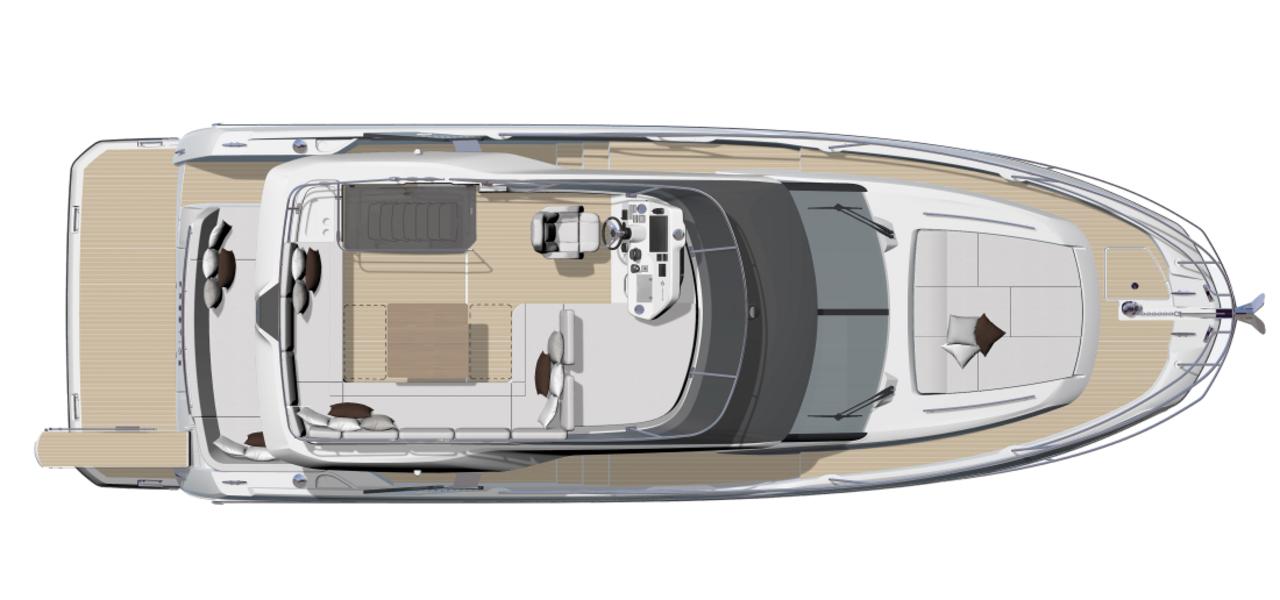 Top view of 2026 Prestige F4.3 yacht layout, showcasing deck and interior design.