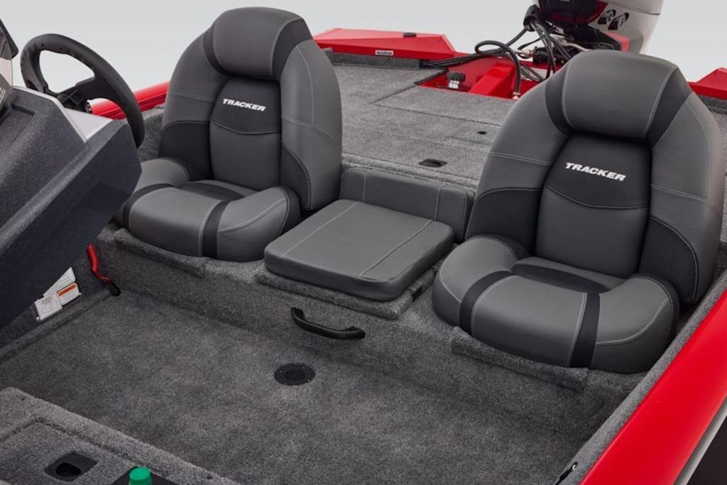 2026 Tracker Pro Team 190 boat interior with gray seats and red accents.