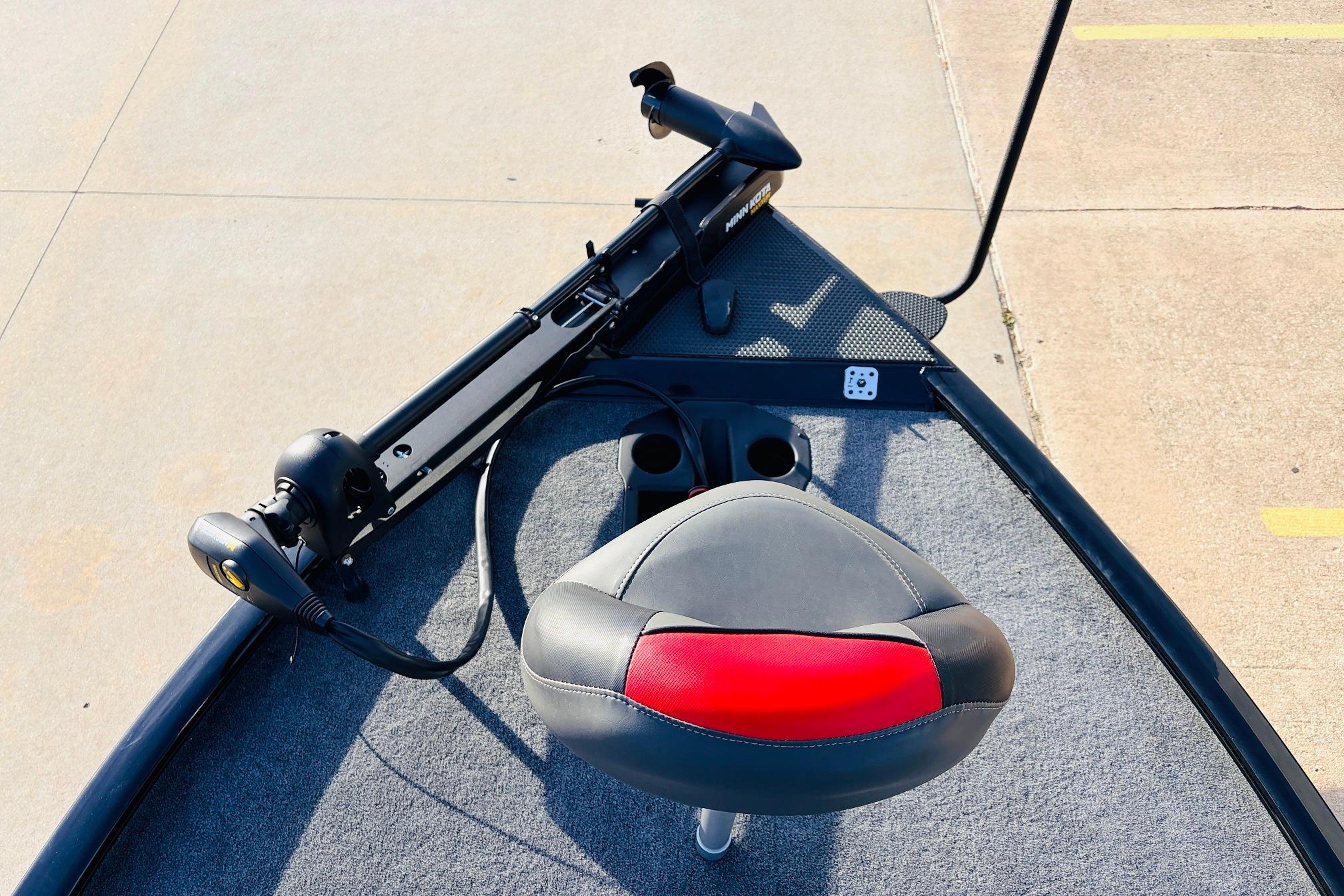2025 Tracker Savage 215 boat interior with seat and trolling motor on deck.
