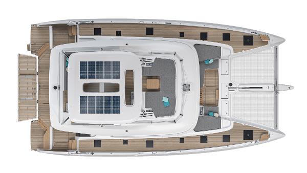 Top view of 2025 Lagoon 60 catamaran with solar panels and spacious deck layout.