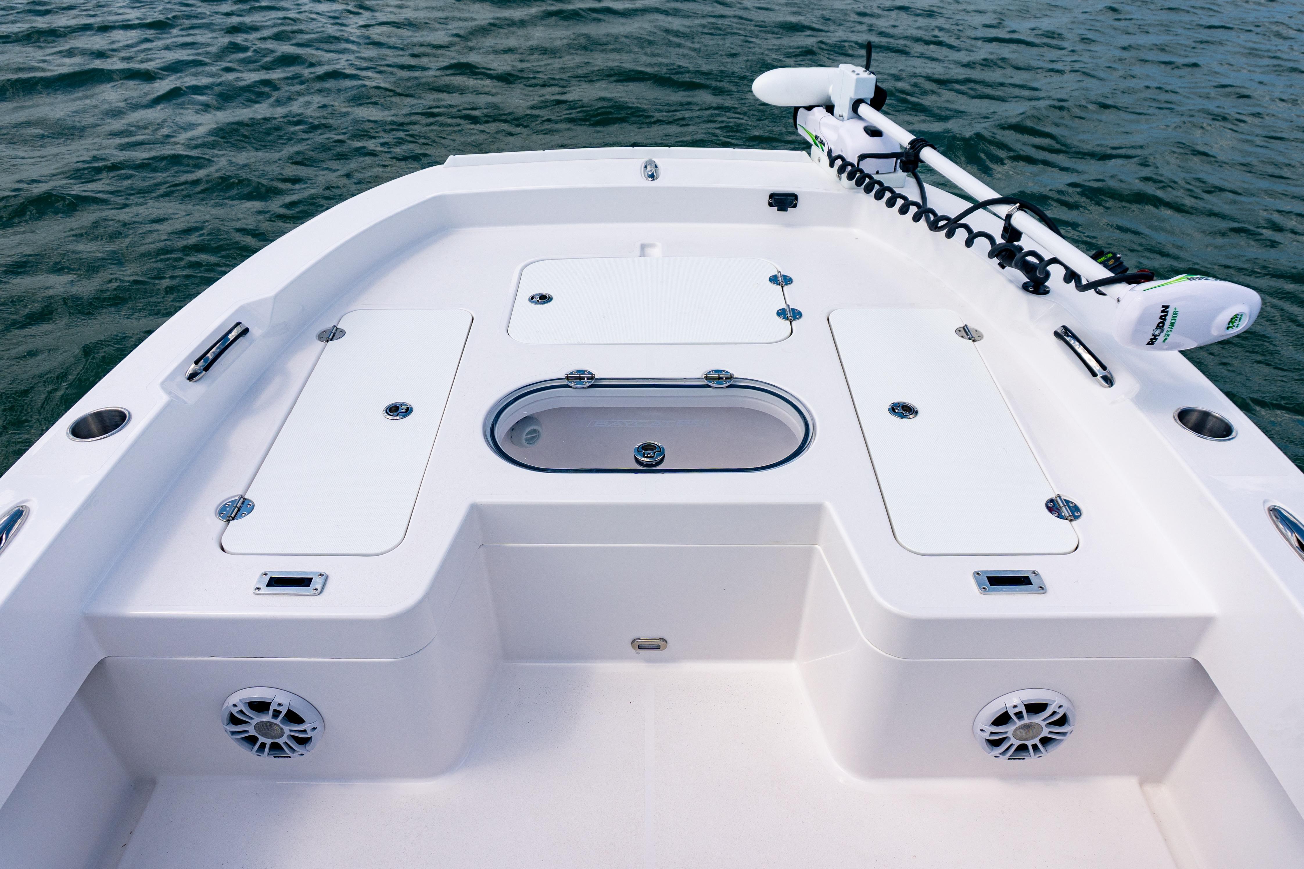 2026 Twin Vee 22 BayCat boat deck with storage compartments and trolling motor.