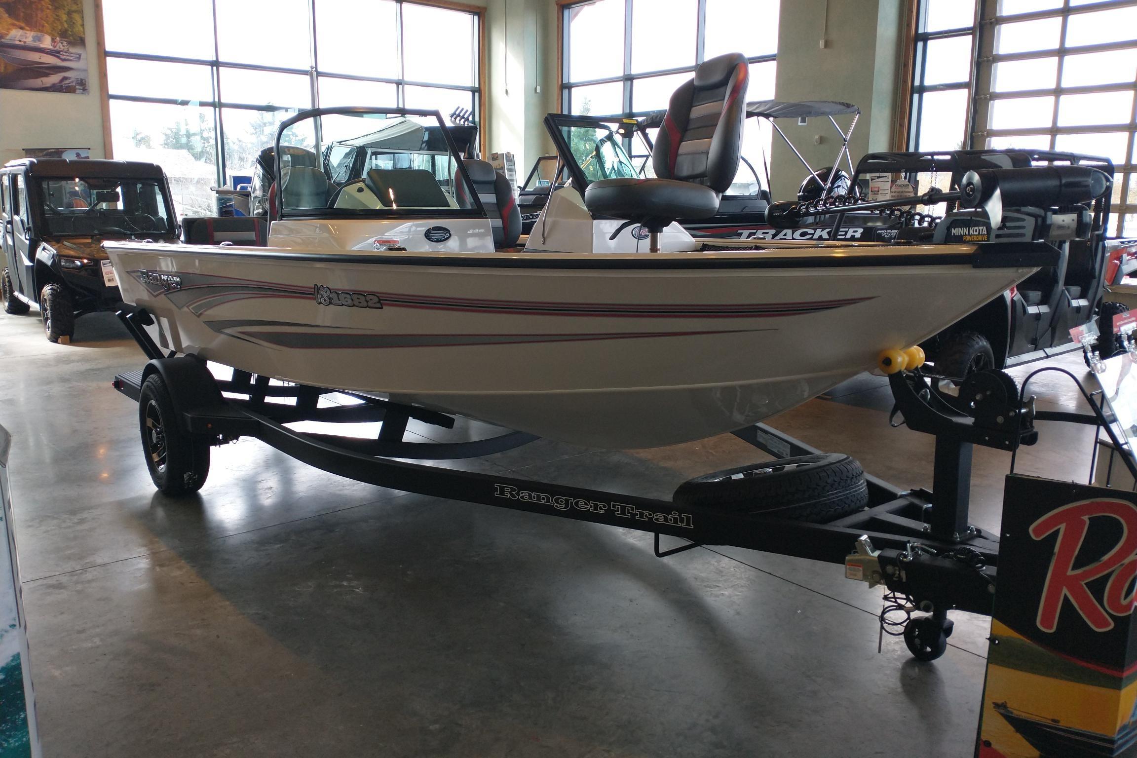 2026 Ranger VS1682SC Reata boat displayed indoors on a trailer.