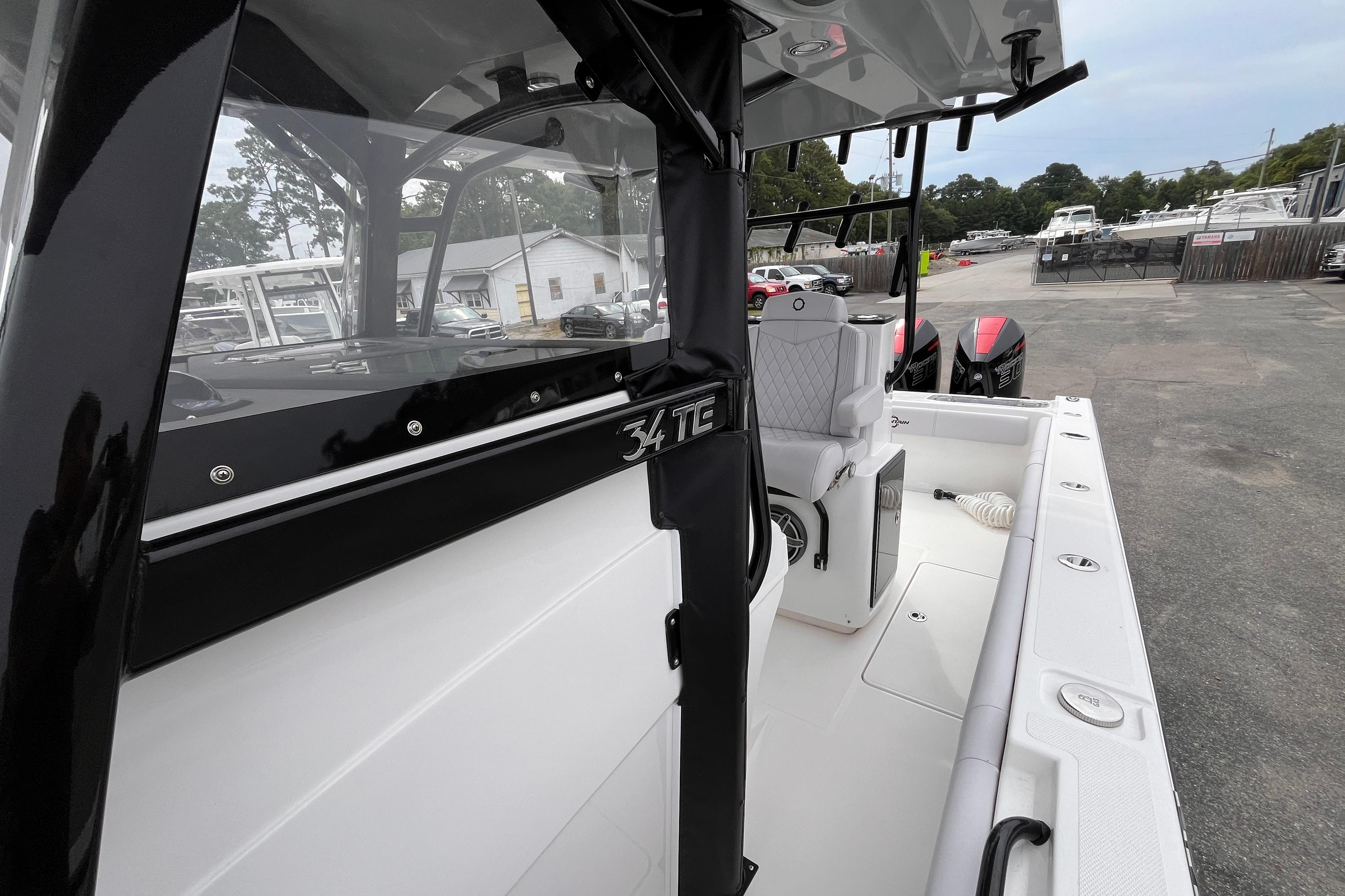 2024 Fountain 34 Tournament Edition boat interior with seating and controls.