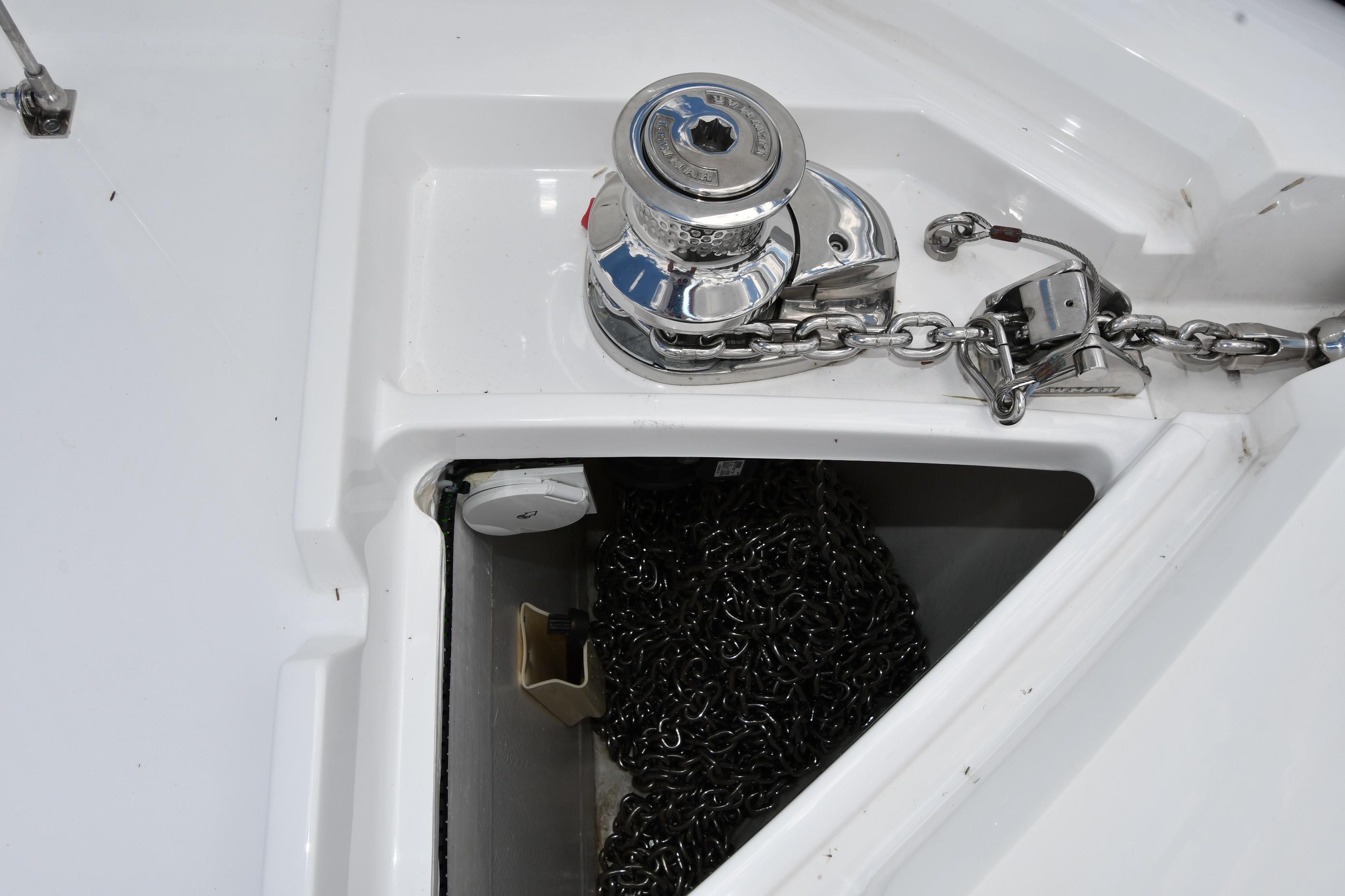 Anchor chain and windlass on 2024 Fairline G50 Targa yacht deck.