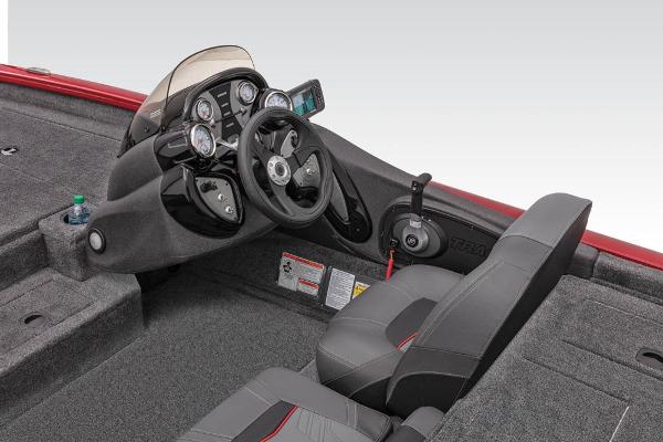 Interior view of a 2021 Tracker Pro Team 175 TXW with gray seats and dashboard.