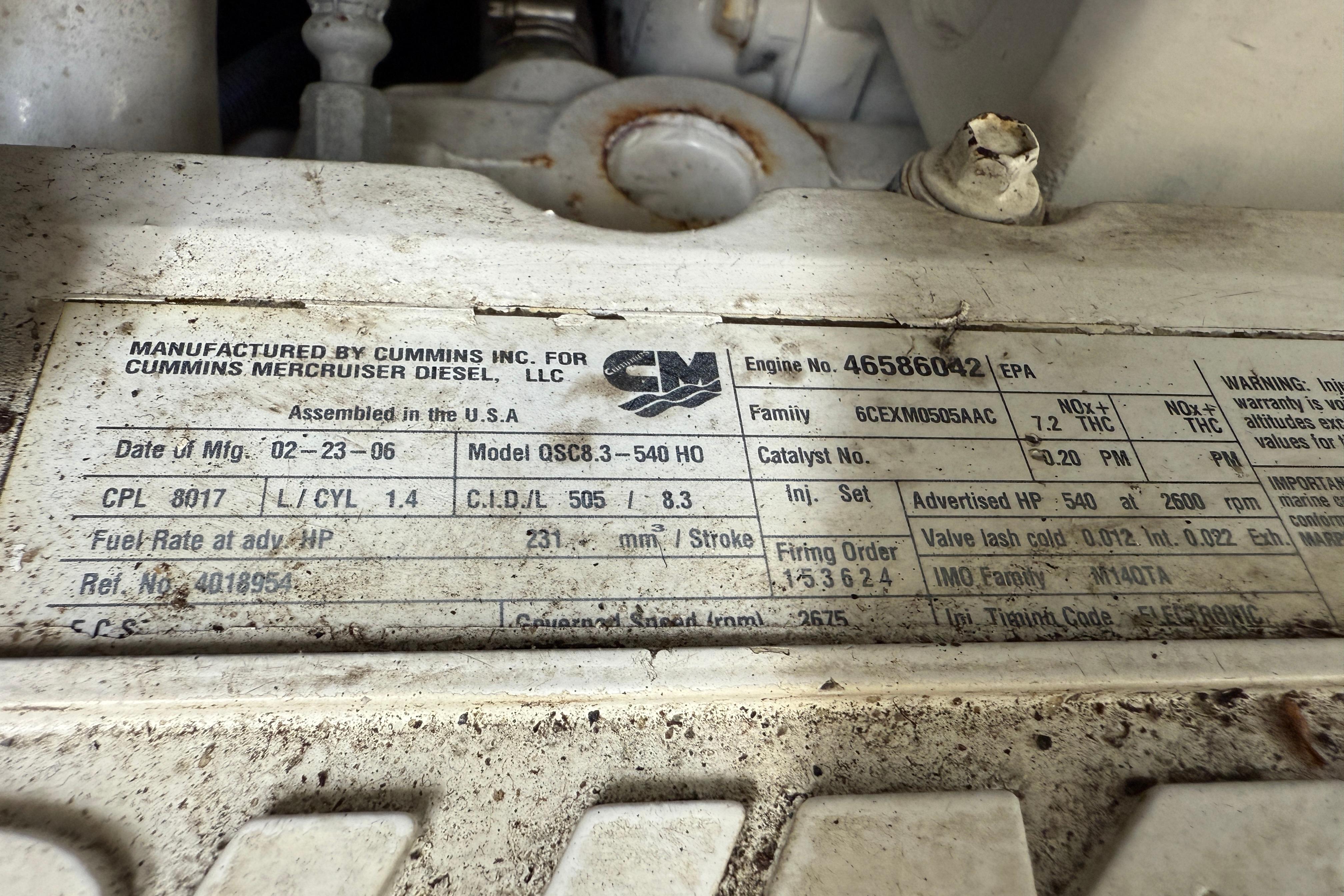 Cummins engine label on 2006 Sea Ray 48 Sundancer, detailing specifications and manufacturing information.