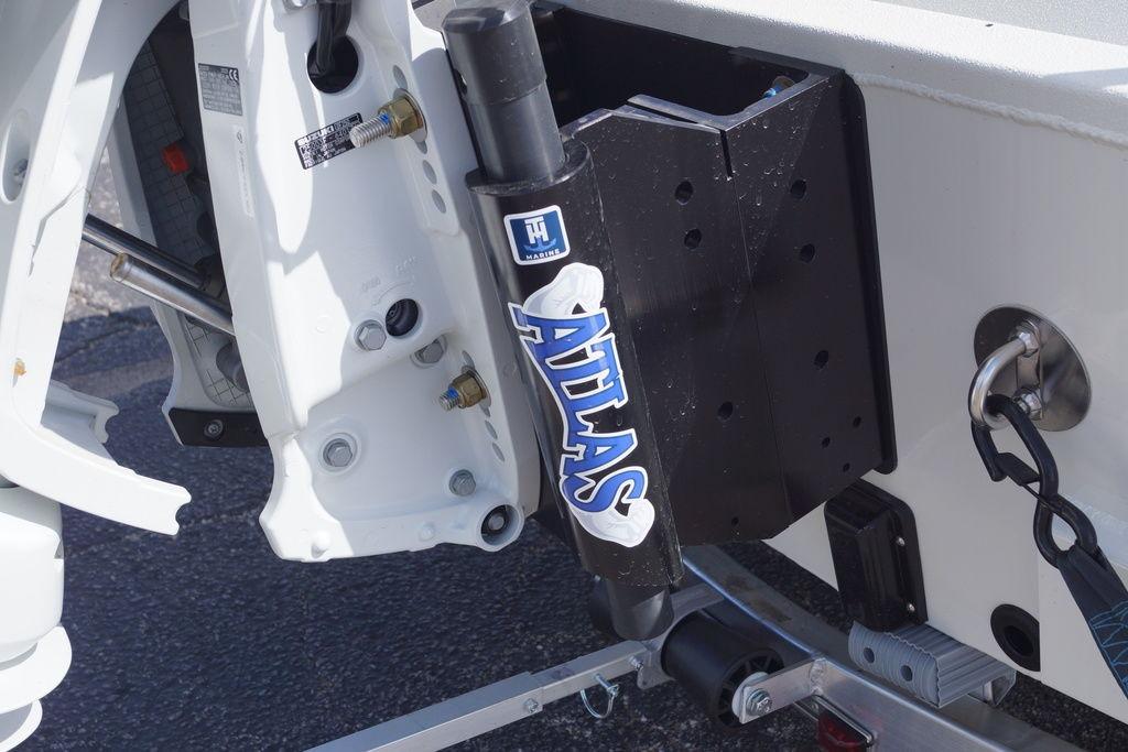 2026 Excel 230 Bay Pro Elite boat with Atlas hydraulic jack plate detail.