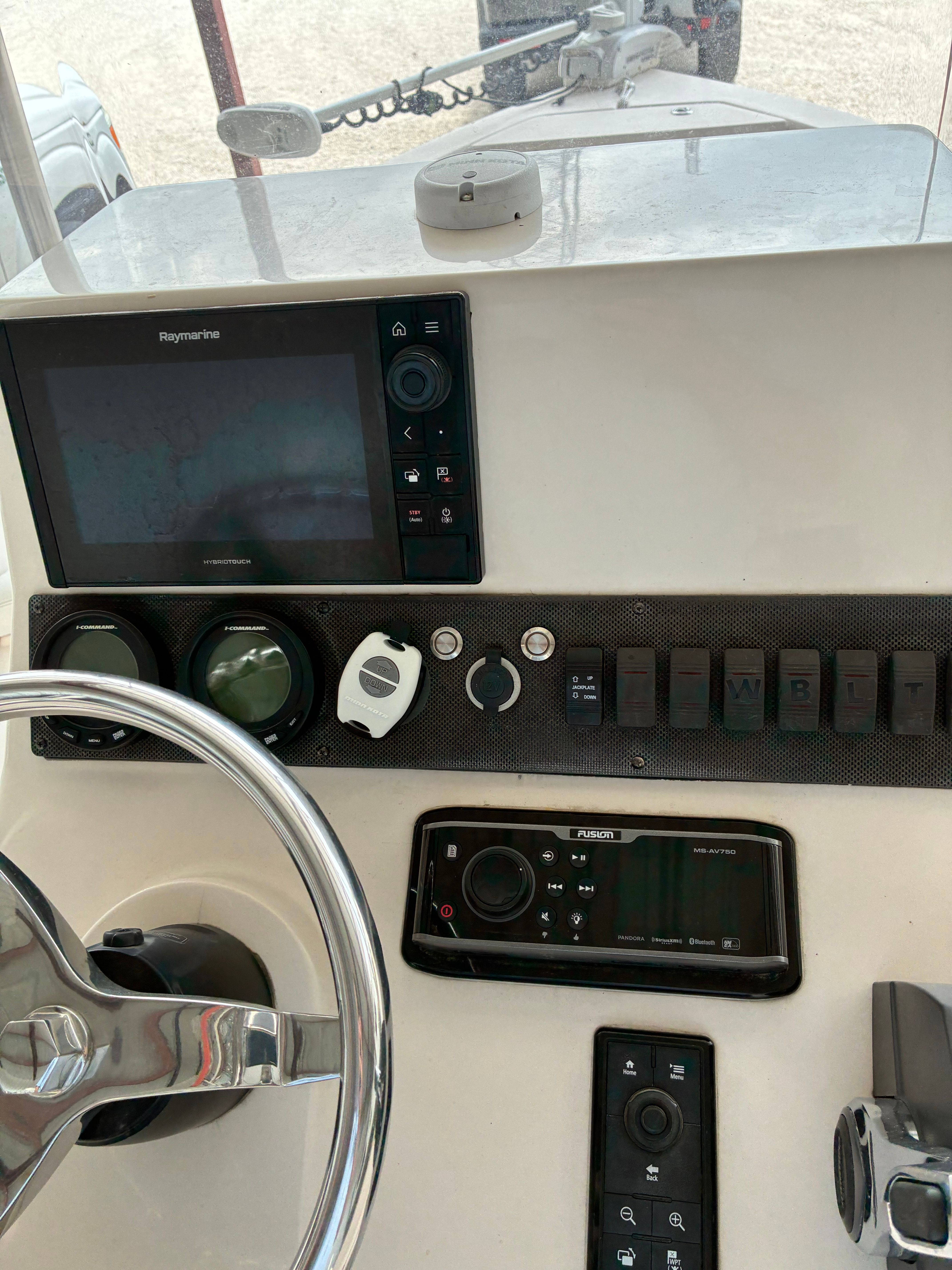Dashboard of a 2016 Pathfinder Fishing boat with electronics.
