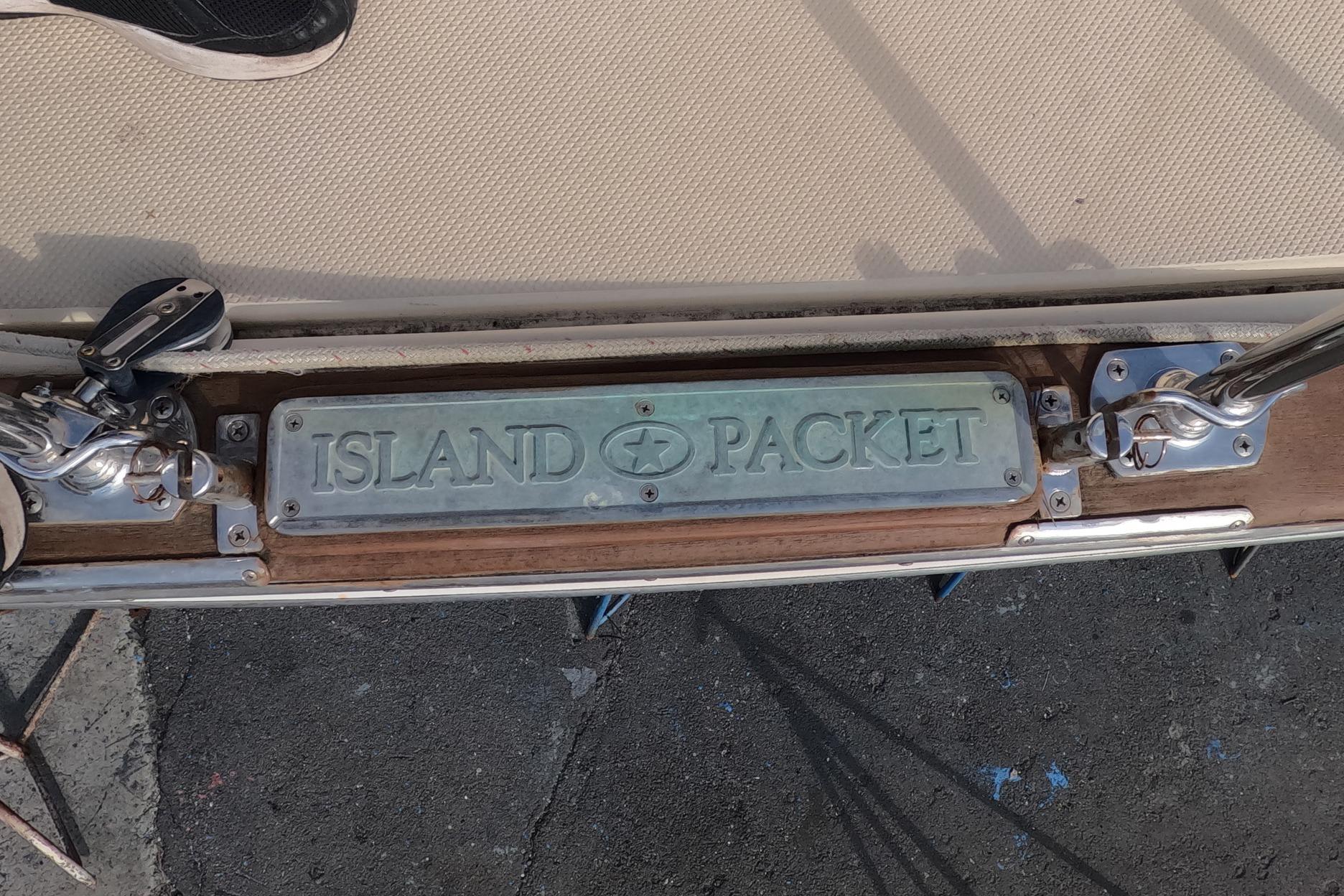 Island Packet 370 sailboat deck with logo, 2005 model.
