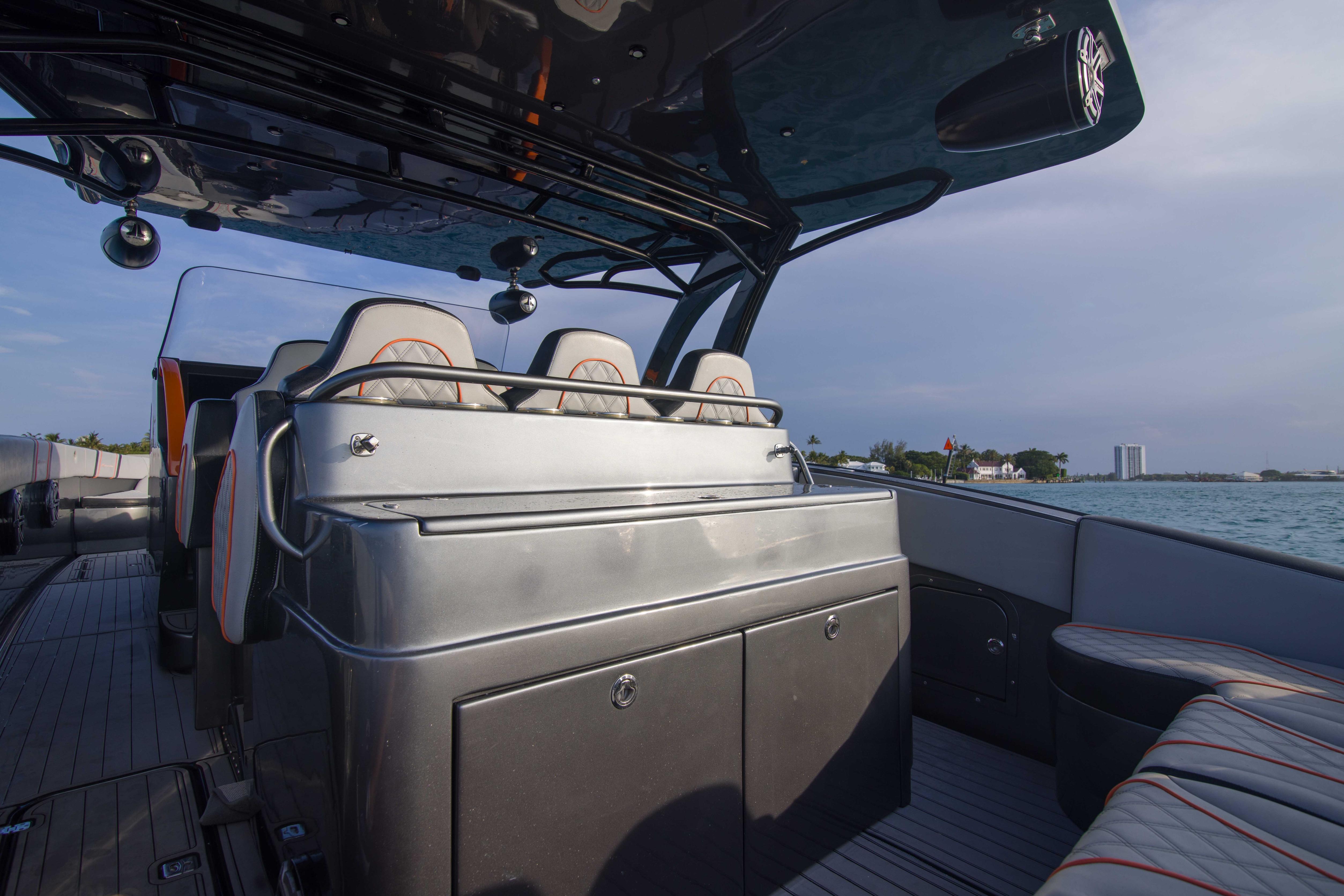 2019 Midnight Express 43 Open boat interior with sleek seating and modern design.