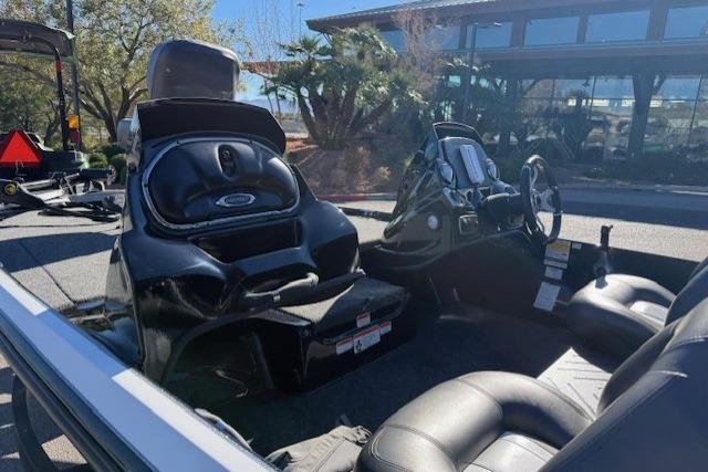 Interior of a 2026 Nitro Z17 boat with black leather seats and modern dashboard.