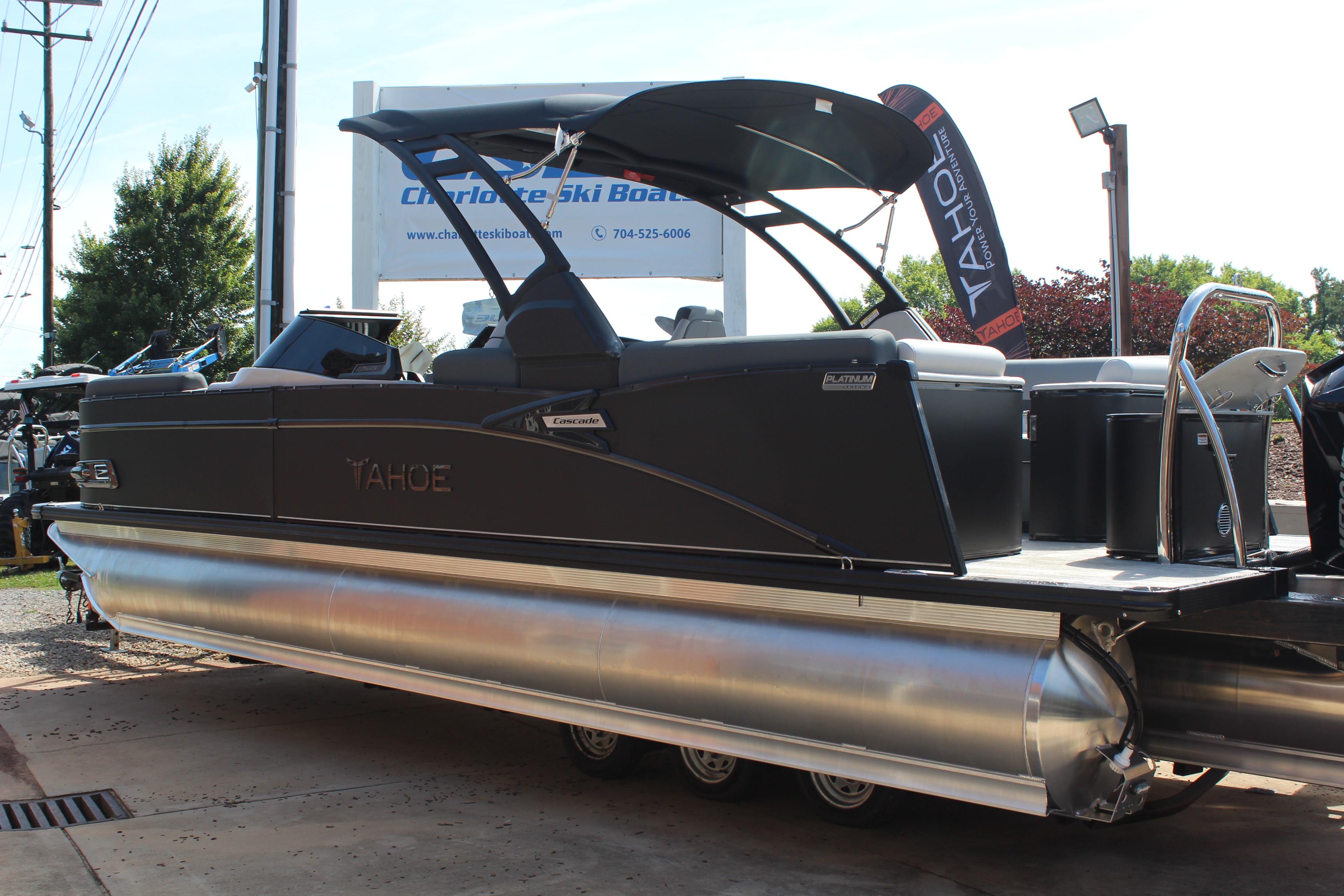 2025 Tahoe Pontoon Cascade Quad Lounge Windshield displayed at dealership.