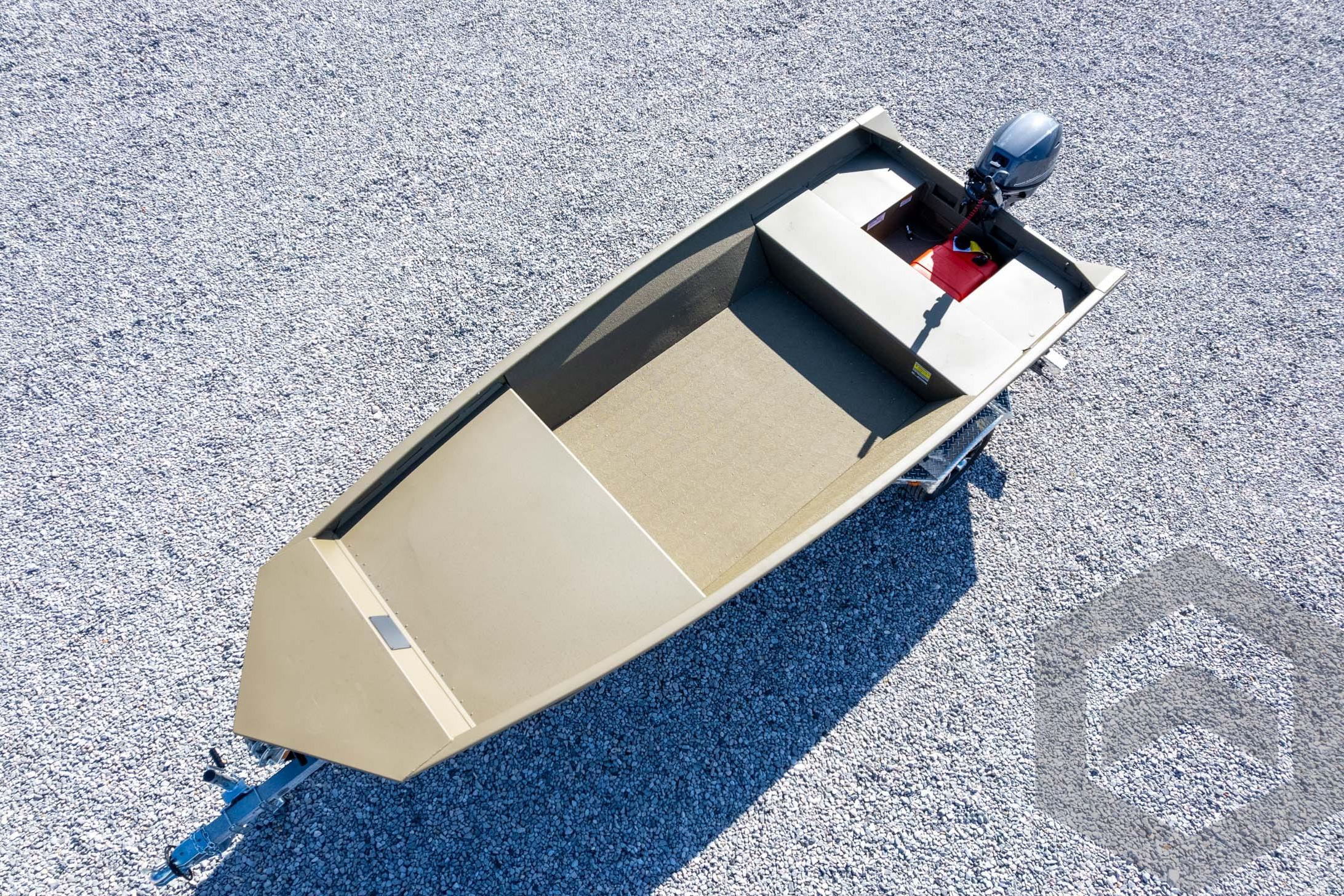 2026 G3 Gator Tough 1548 VBW boat on gravel, aerial view.