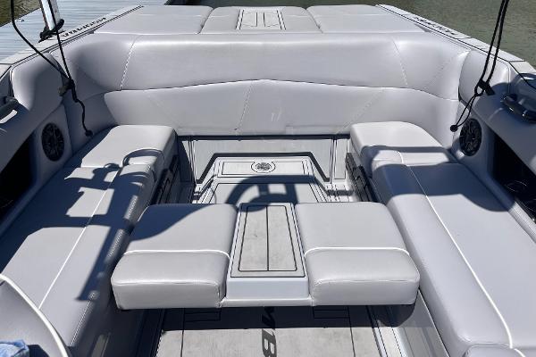 2024 Moomba Max boat interior with sleek gray seating and modern design.