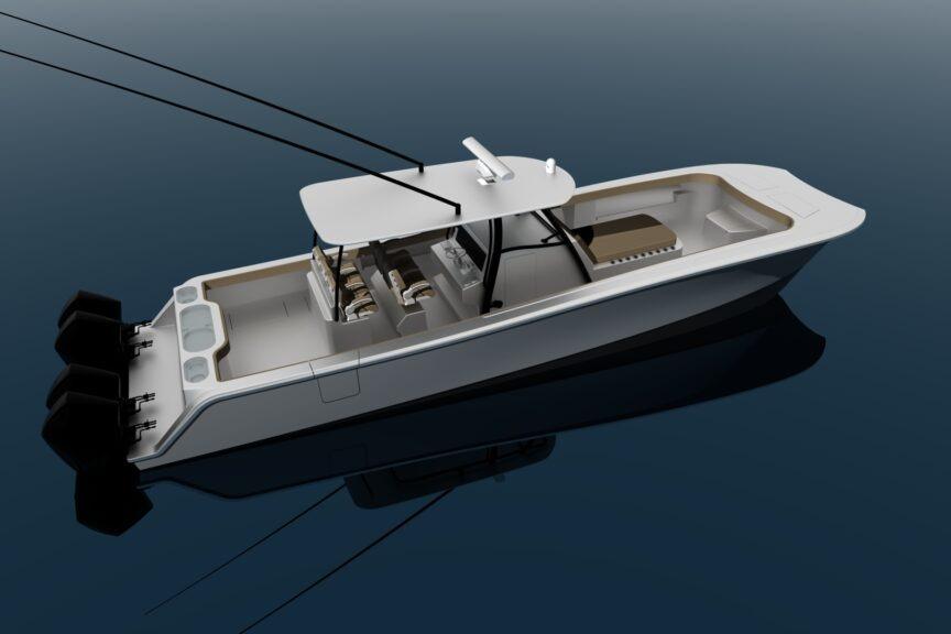 2026 Front Runner 43 Catamaran on calm water, showcasing sleek design and modern features.