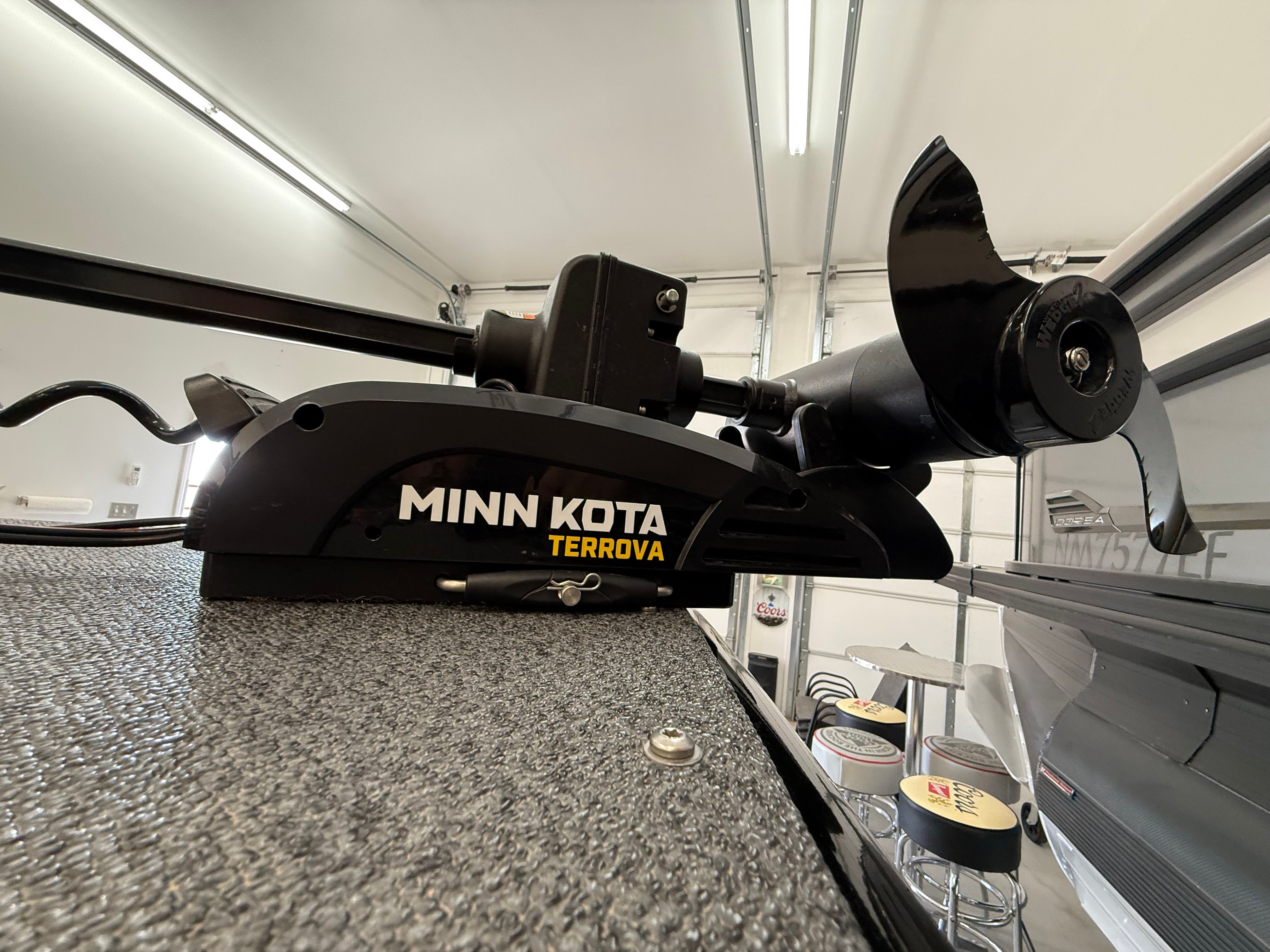Close-up of a Minn Kota Terrova trolling motor on a boat.