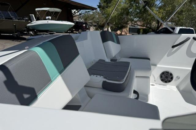2026 Tahoe T18 boat interior with cushioned seating and modern design.