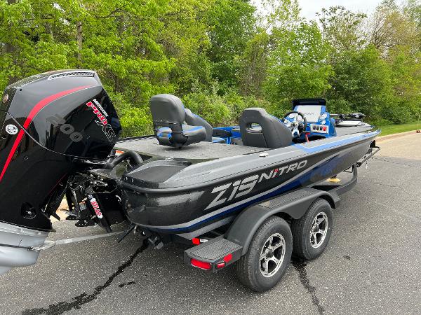 2025 Nitro Z19 Pro boat on trailer with powerful outboard motor.
