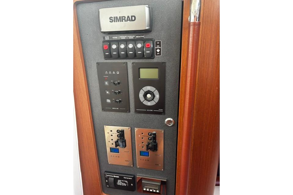 Control panel of a 2013 Beneteau Gran Turismo 38 yacht with Simrad electronics.